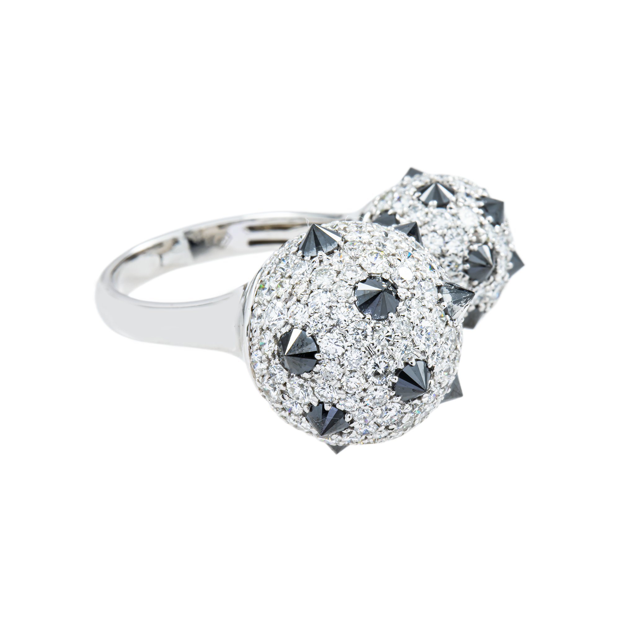 14K White Gold Round White & Black Diamond Flintstone Cocktail Ring