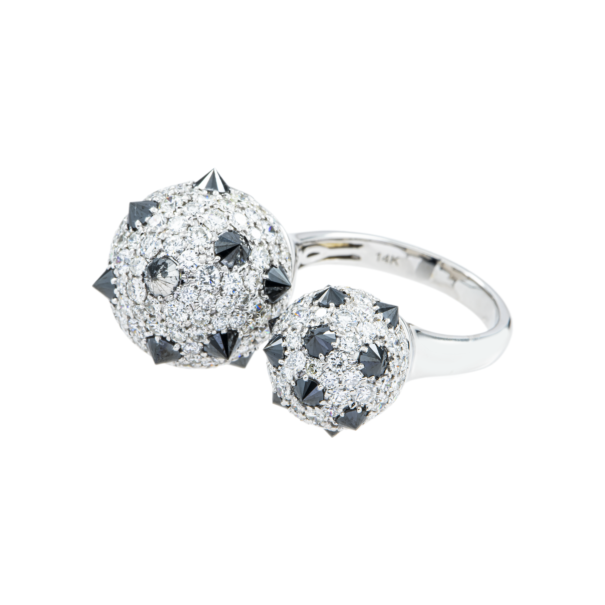 14K White Gold Round White & Black Diamond Flintstone Cocktail Ring