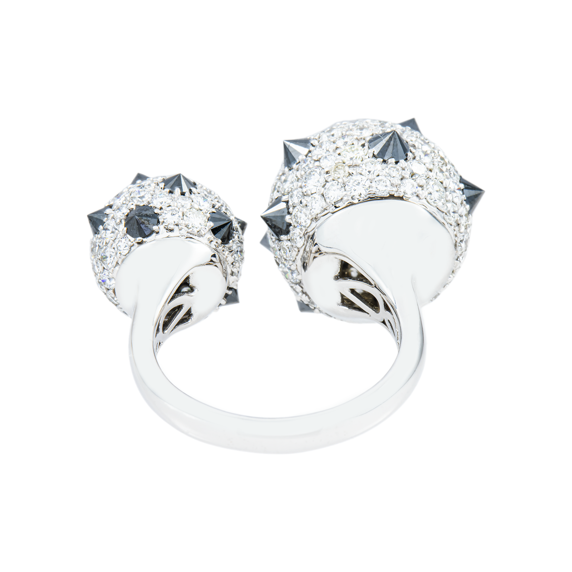 14K White Gold Round White & Black Diamond Flintstone Cocktail Ring
