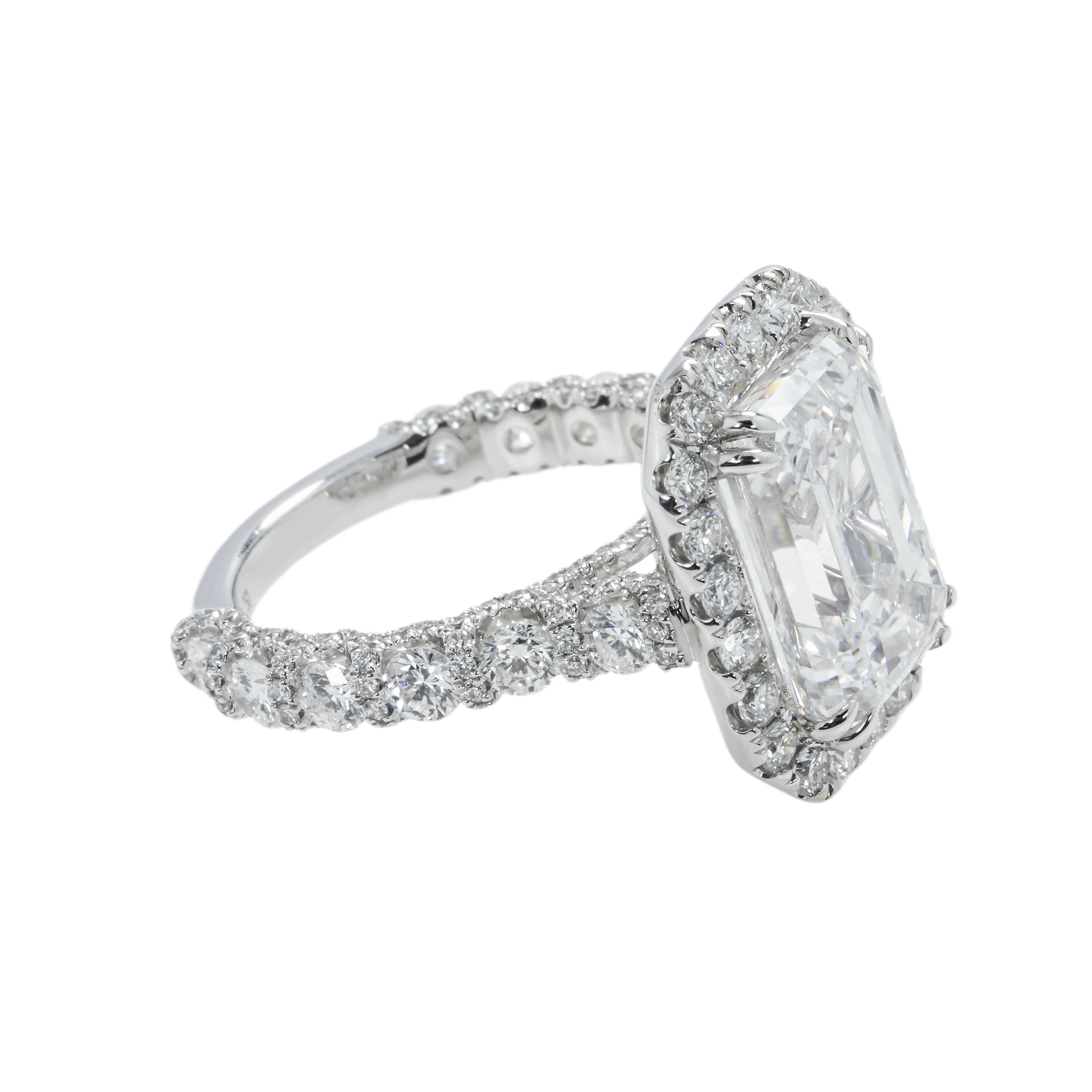 18K White Gold 7.03Ct Emerald Cut Diamond Engagement Ring W/ Halo 9.58Ctw Bridal