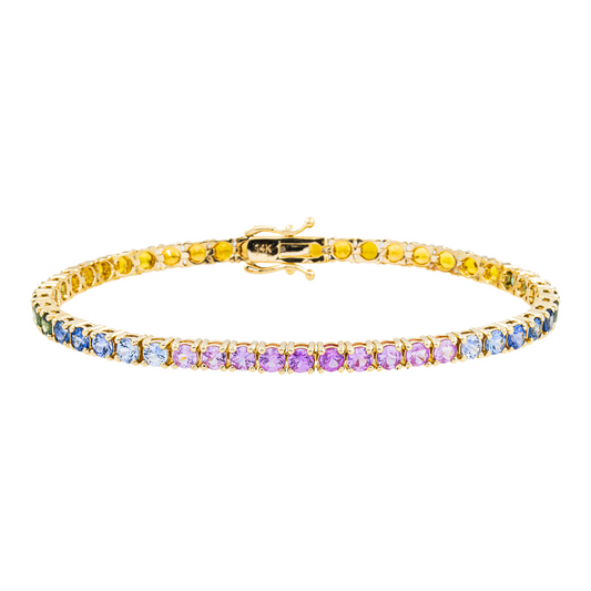 14K Yellow Gold Round Rainbow Gemstone Bracelet 9.24ct