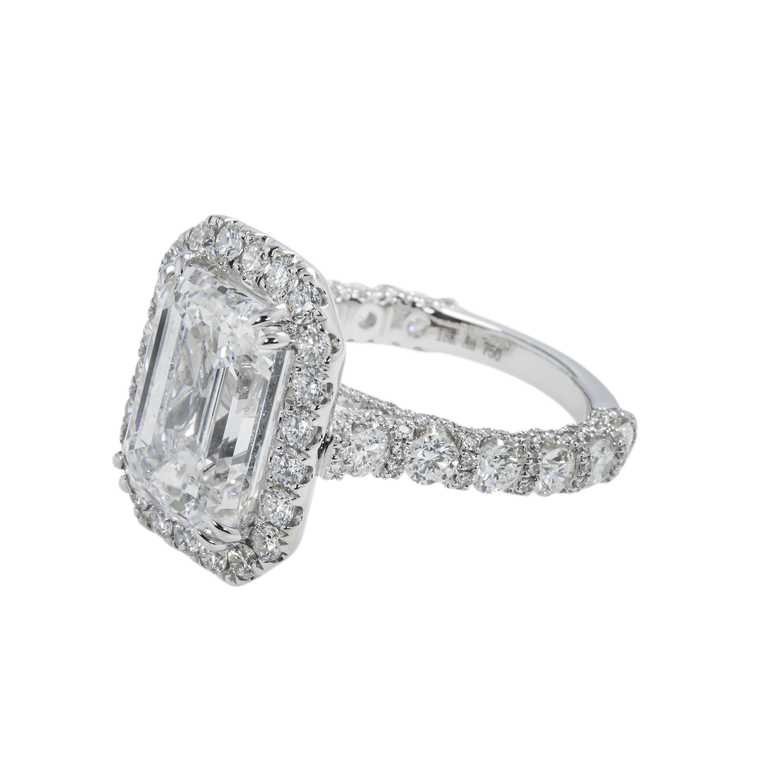 18K White Gold 7.03Ct Emerald Cut Diamond Engagement Ring W/ Halo 9.58Ctw Bridal