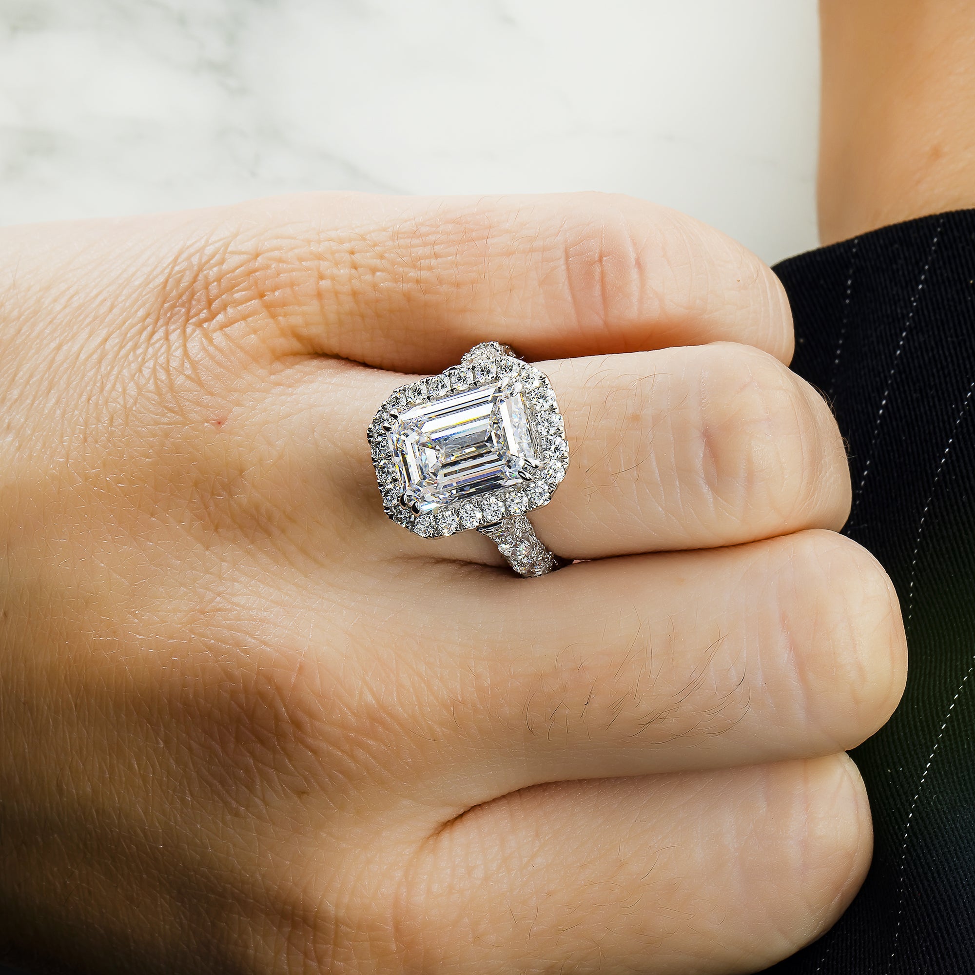 18K White Gold 7.03Ct Emerald Cut Diamond Engagement Ring W/ Halo 9.58Ctw Bridal