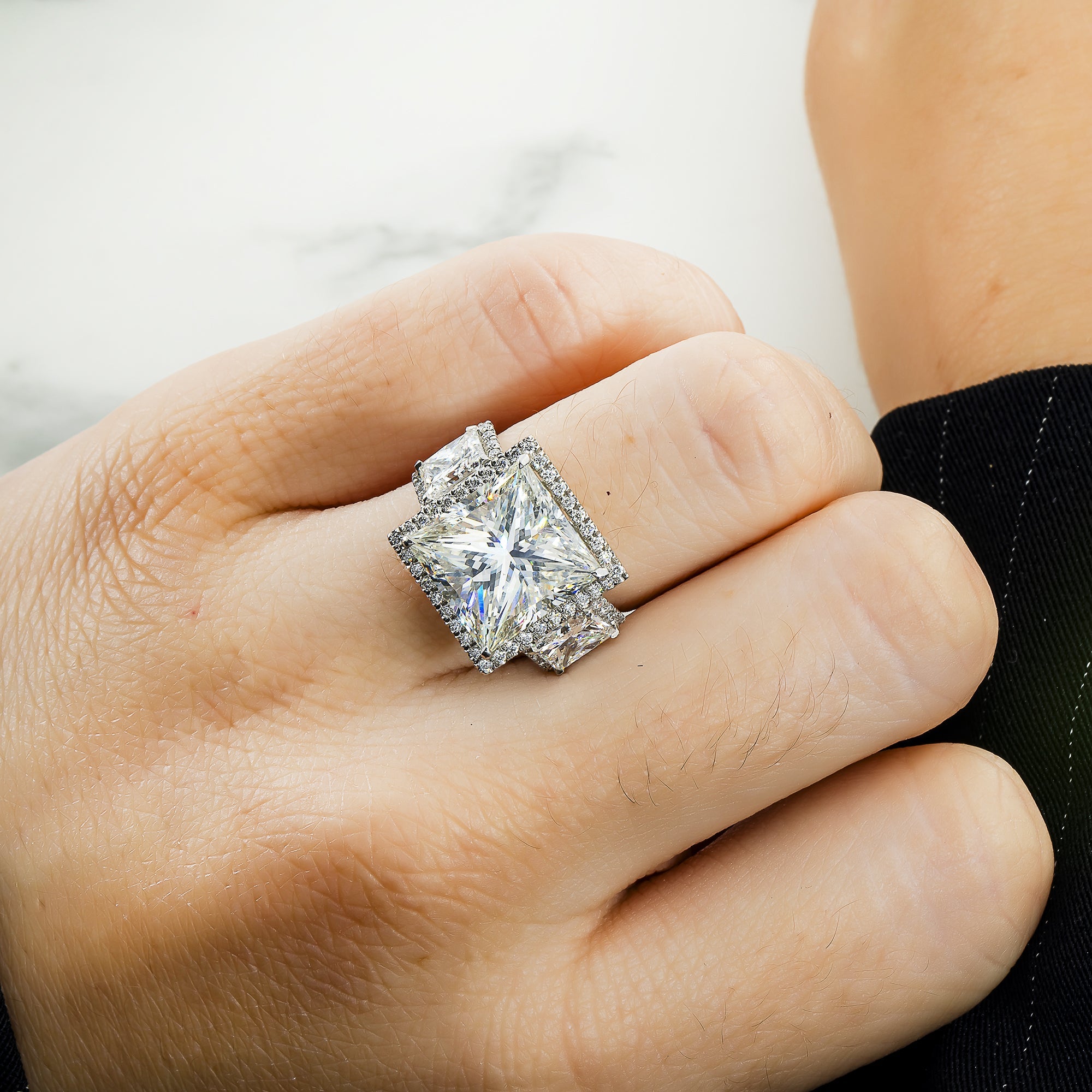 Platinum 8.12Ct Triple Princess Cut Diamond Engagement Ring 11.39Ctw Bridal