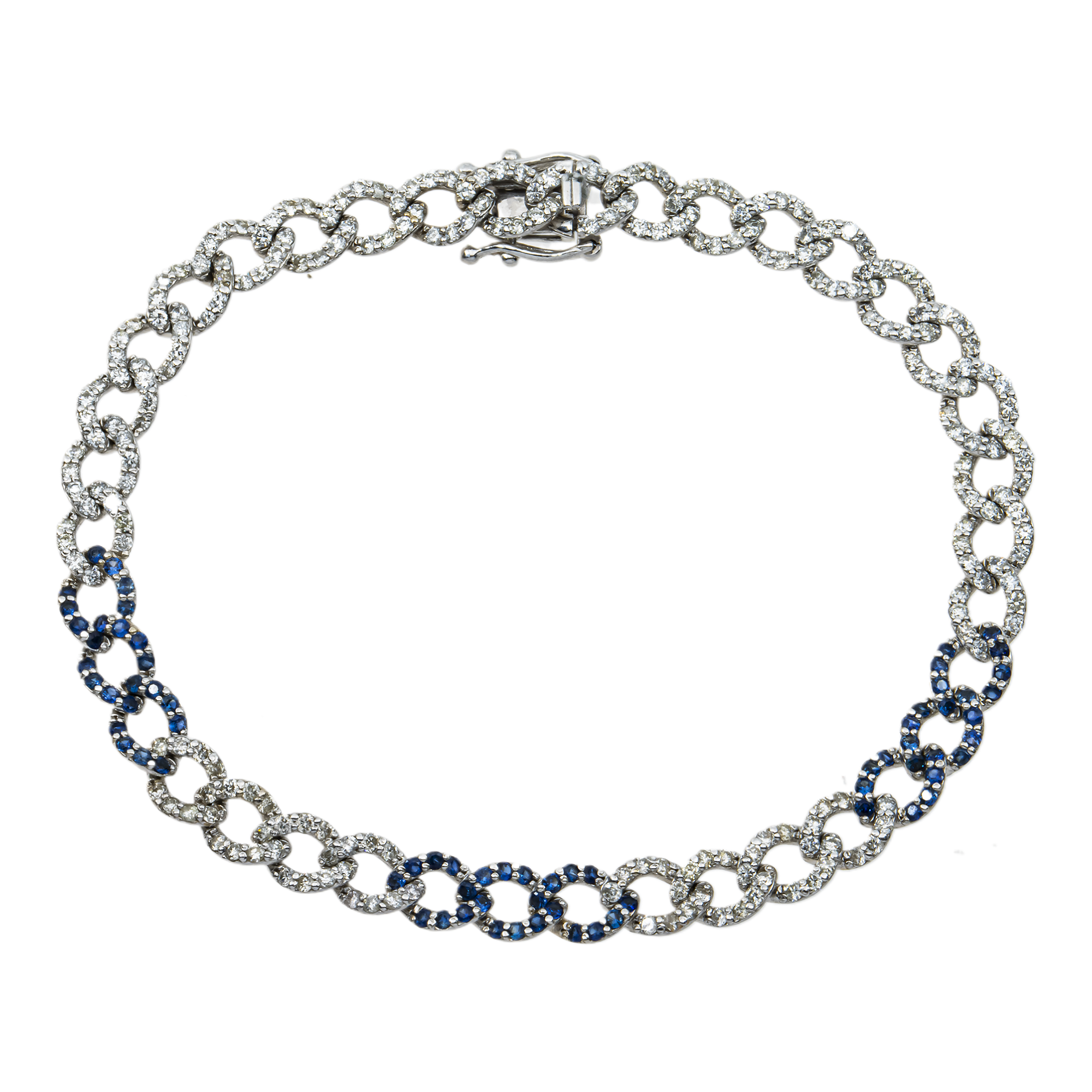 14K White Gold 6mm Diamond & Sapphire Cuban Link Bracelet