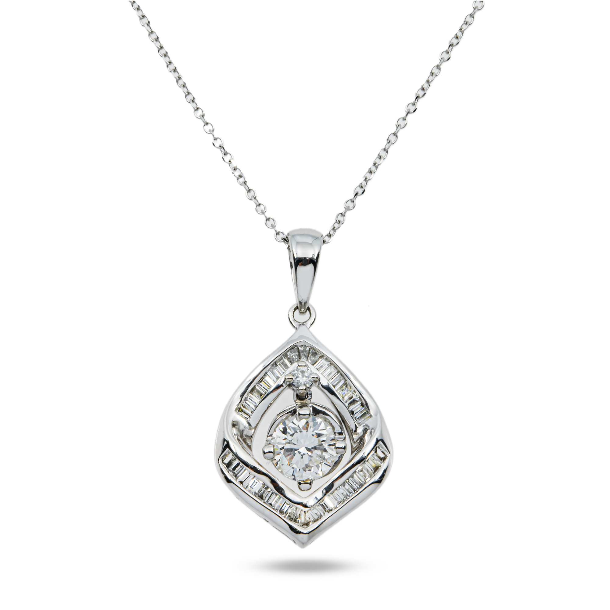 14K White Gold Baguette & Round Diamond Pendant & Chain Necklace 1.0ct