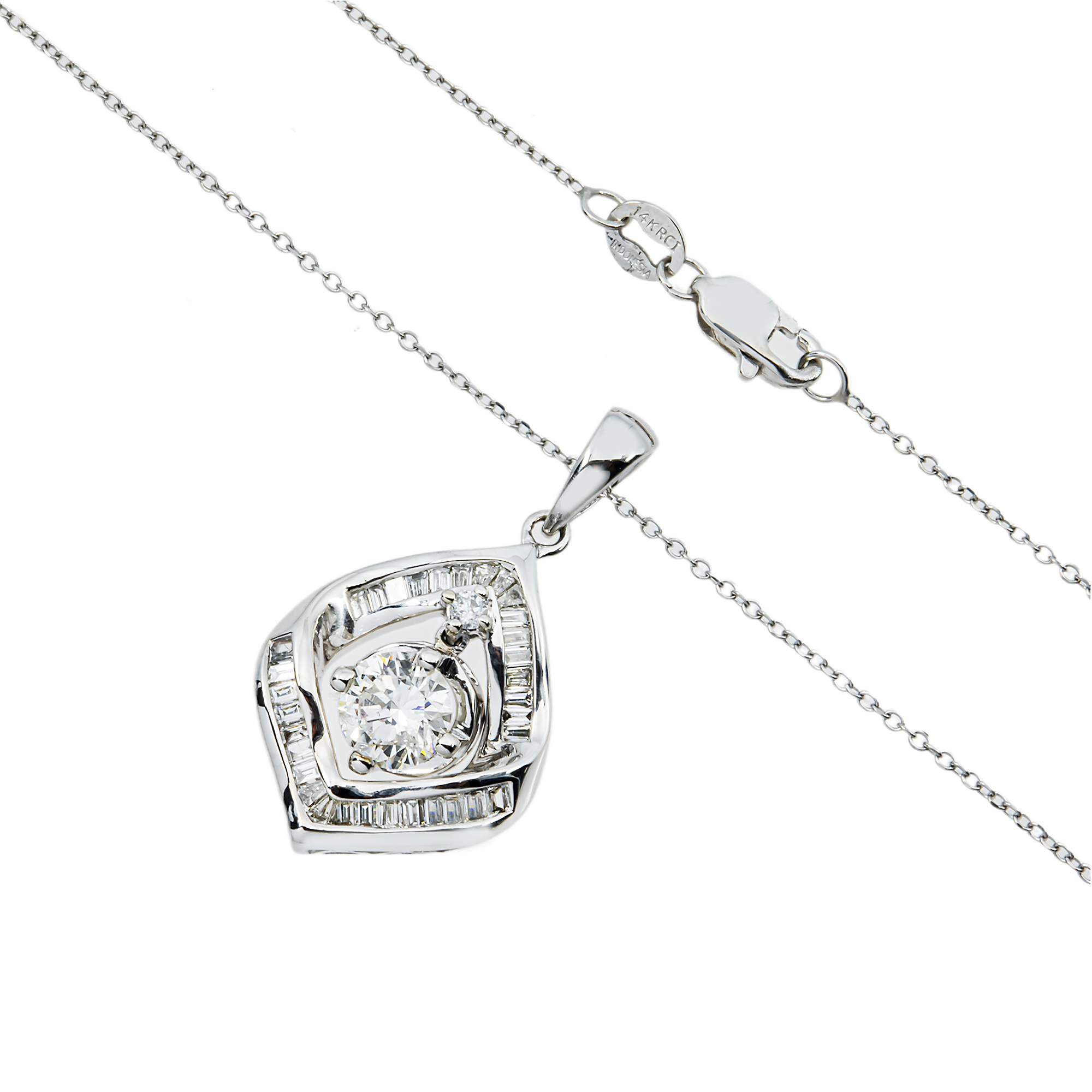 14K White Gold Baguette & Round Diamond Pendant & Chain Necklace 1.0ct
