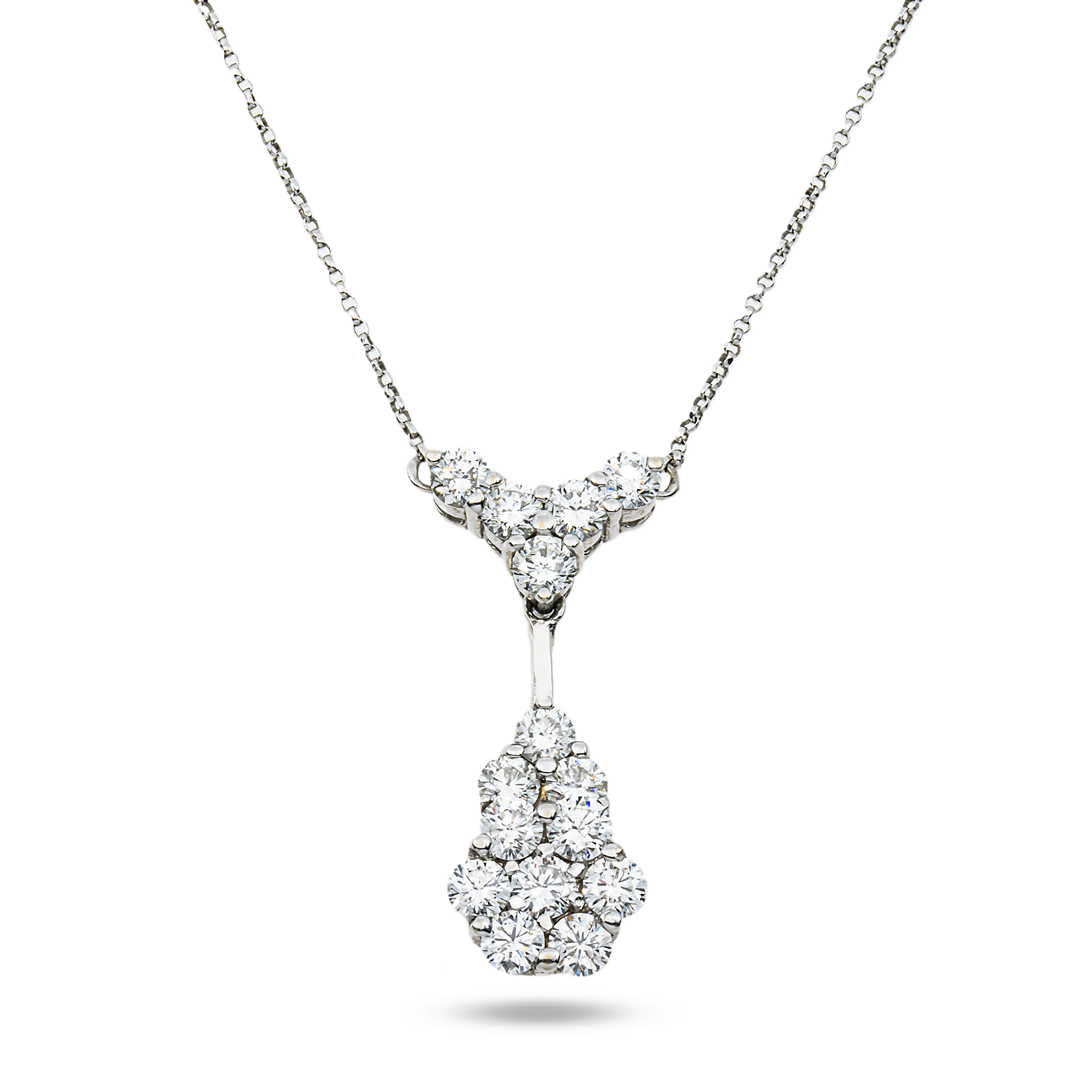 18K White Gold Round Diamonds Diamond Cluster Drop Necklace 2.90ct