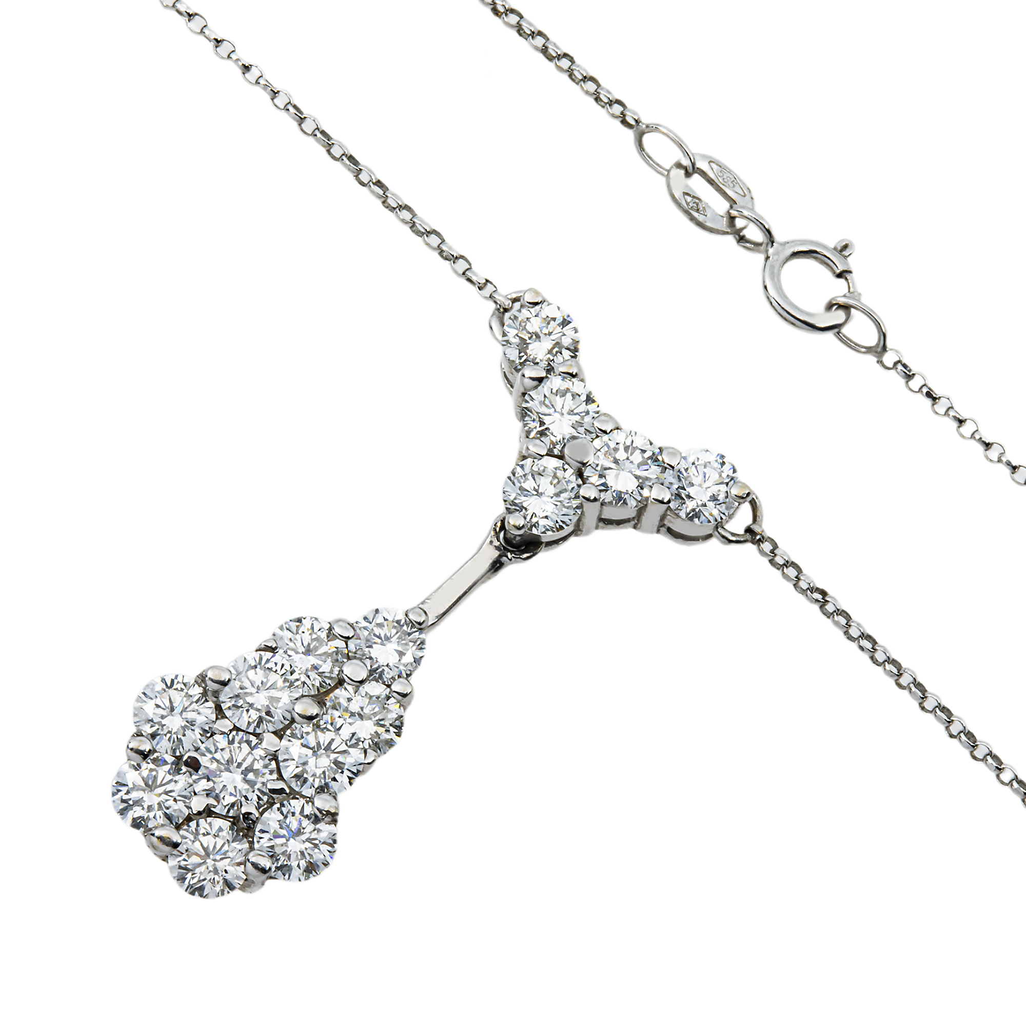 18K White Gold Round Diamonds Diamond Cluster Drop Necklace 2.90ct