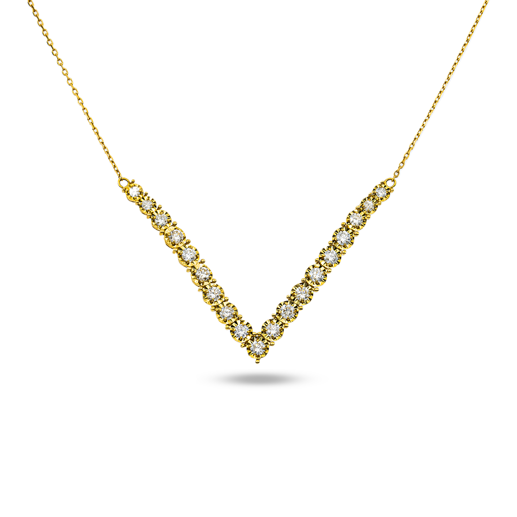 14K Yellow Gold Round Diamond V-Shape Drop Necklace 1.0ct