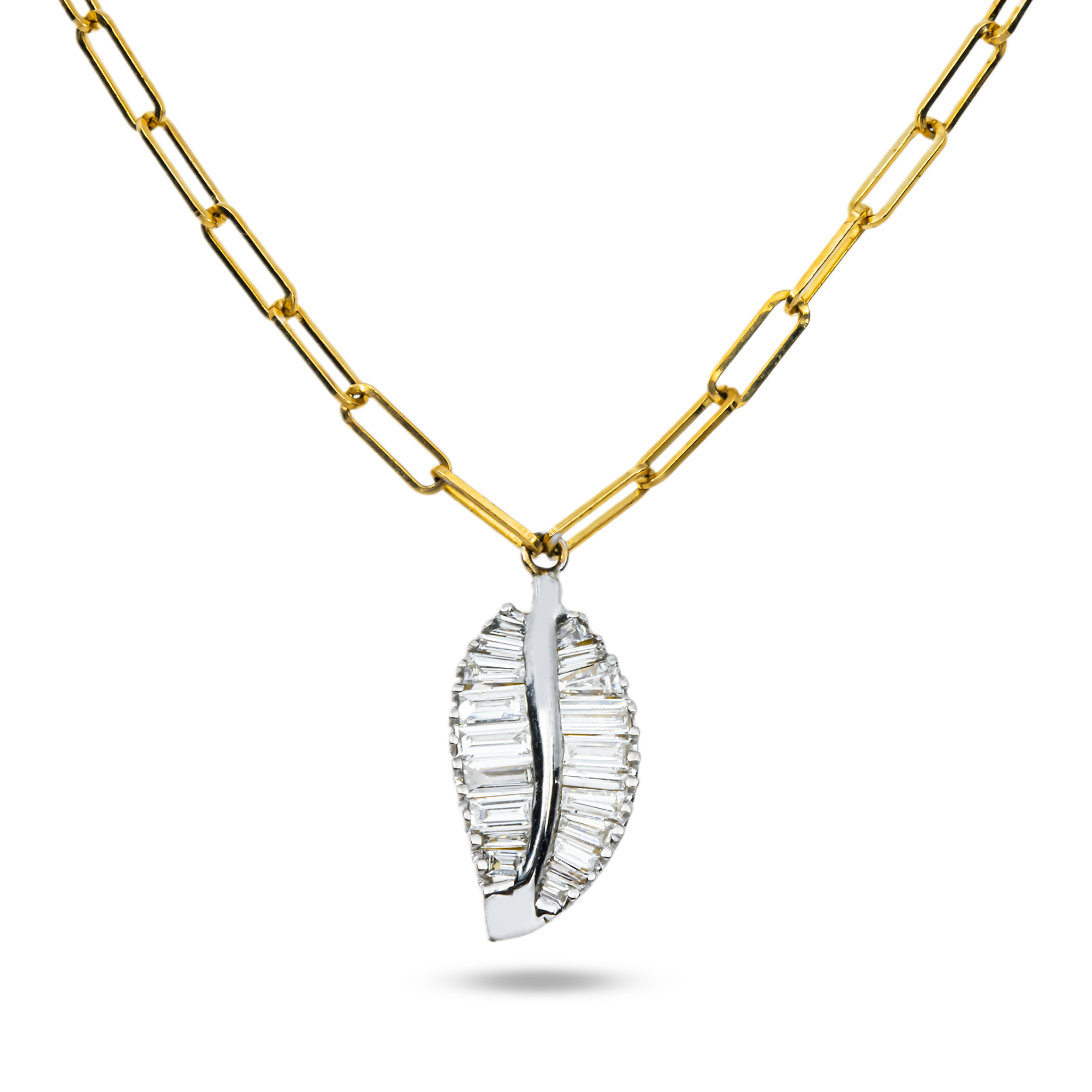 14K Two Tone Baguette Cut Diamond Leaf Pendant & Chain Necklace 0.90ct