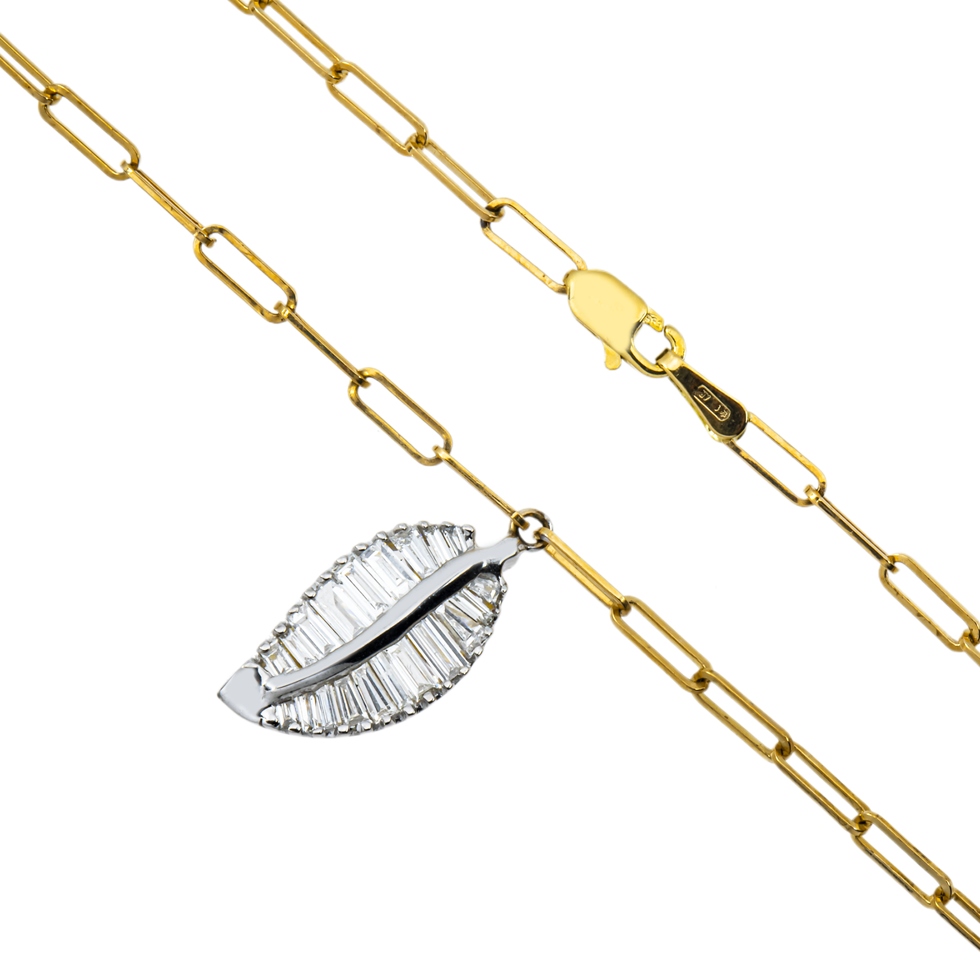14K Two Tone Baguette Cut Diamond Leaf Pendant & Chain Necklace 0.90ct