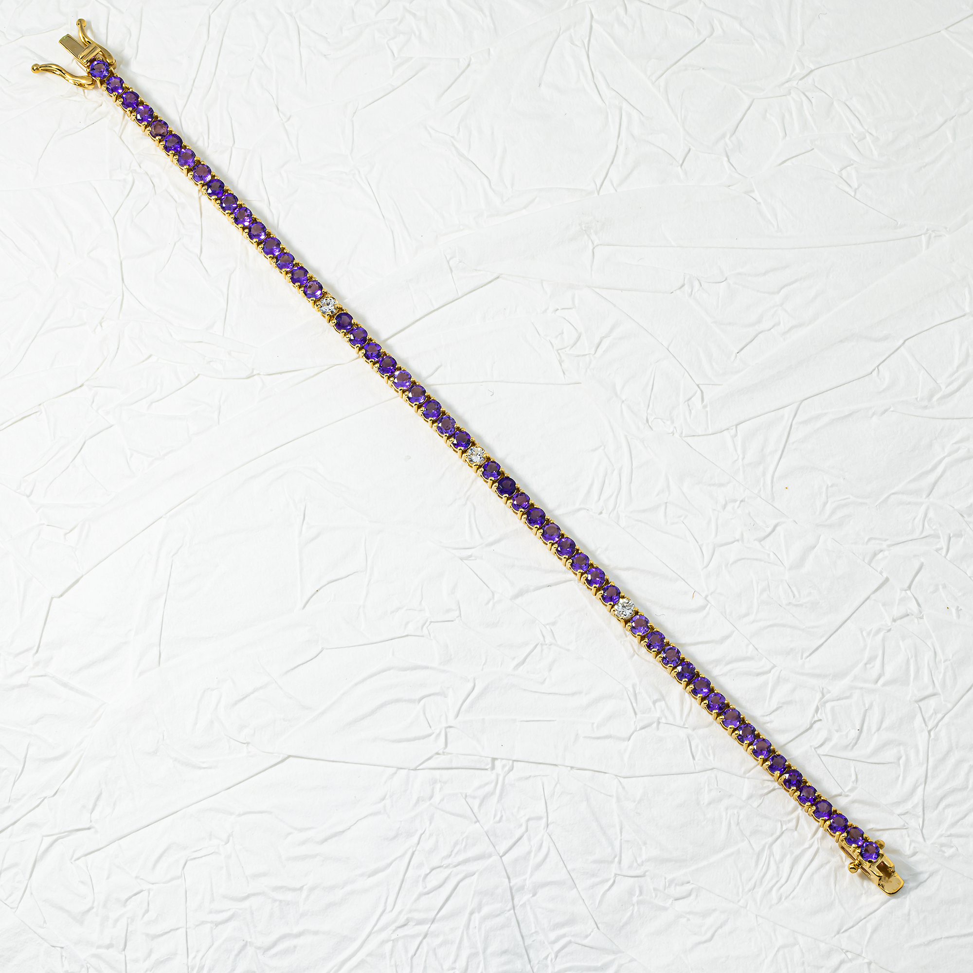 14K Yellow Gold Amethyst & Diamond Tennis Bracelet 5.32ctw