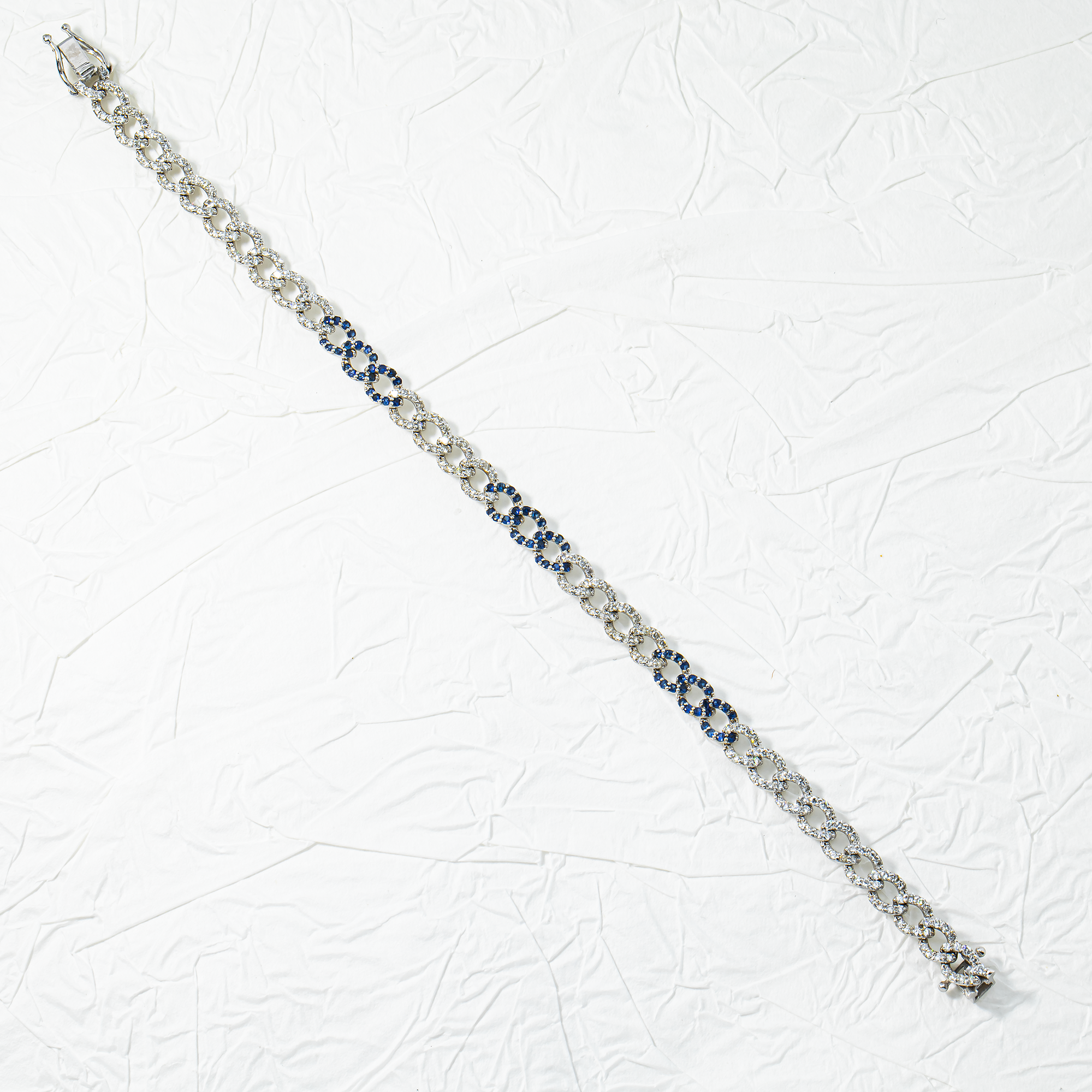 14K White Gold 6mm Diamond & Sapphire Cuban Link Bracelet