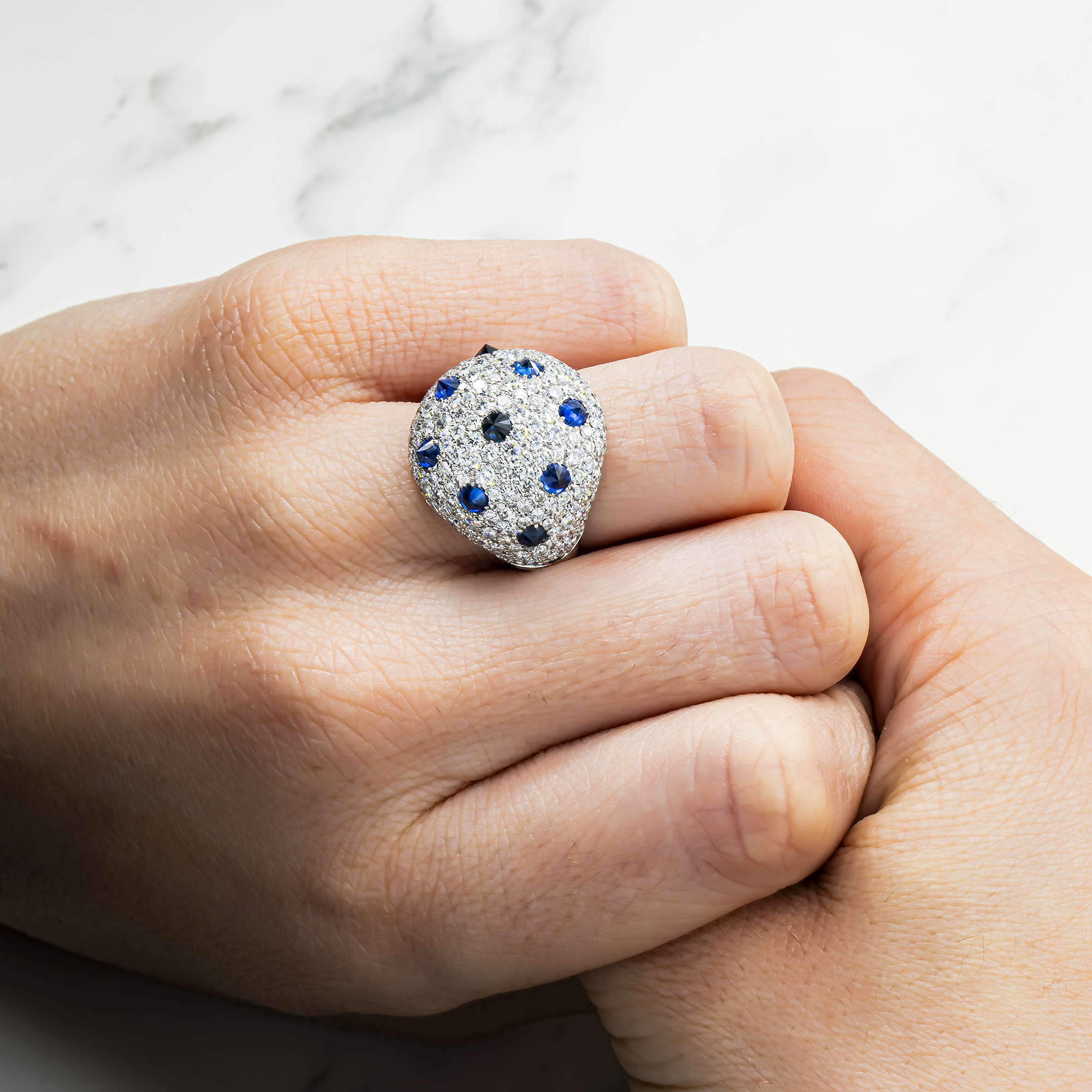 14K White Gold Round Diamond & Sapphire Cosmic Cocktail Ring