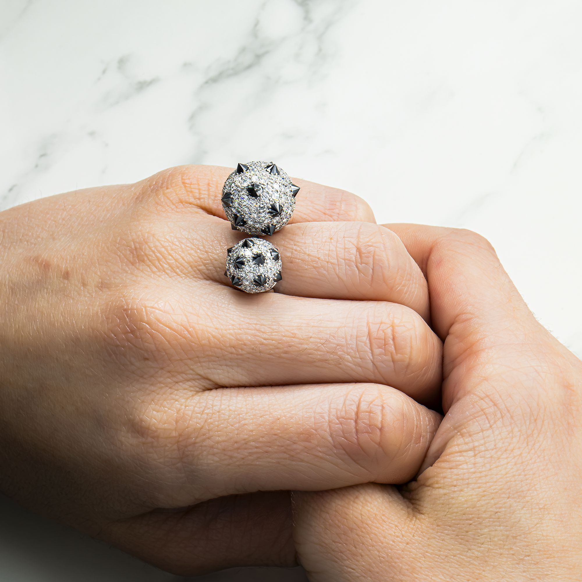 14K White Gold Round White & Black Diamond Flintstone Cocktail Ring