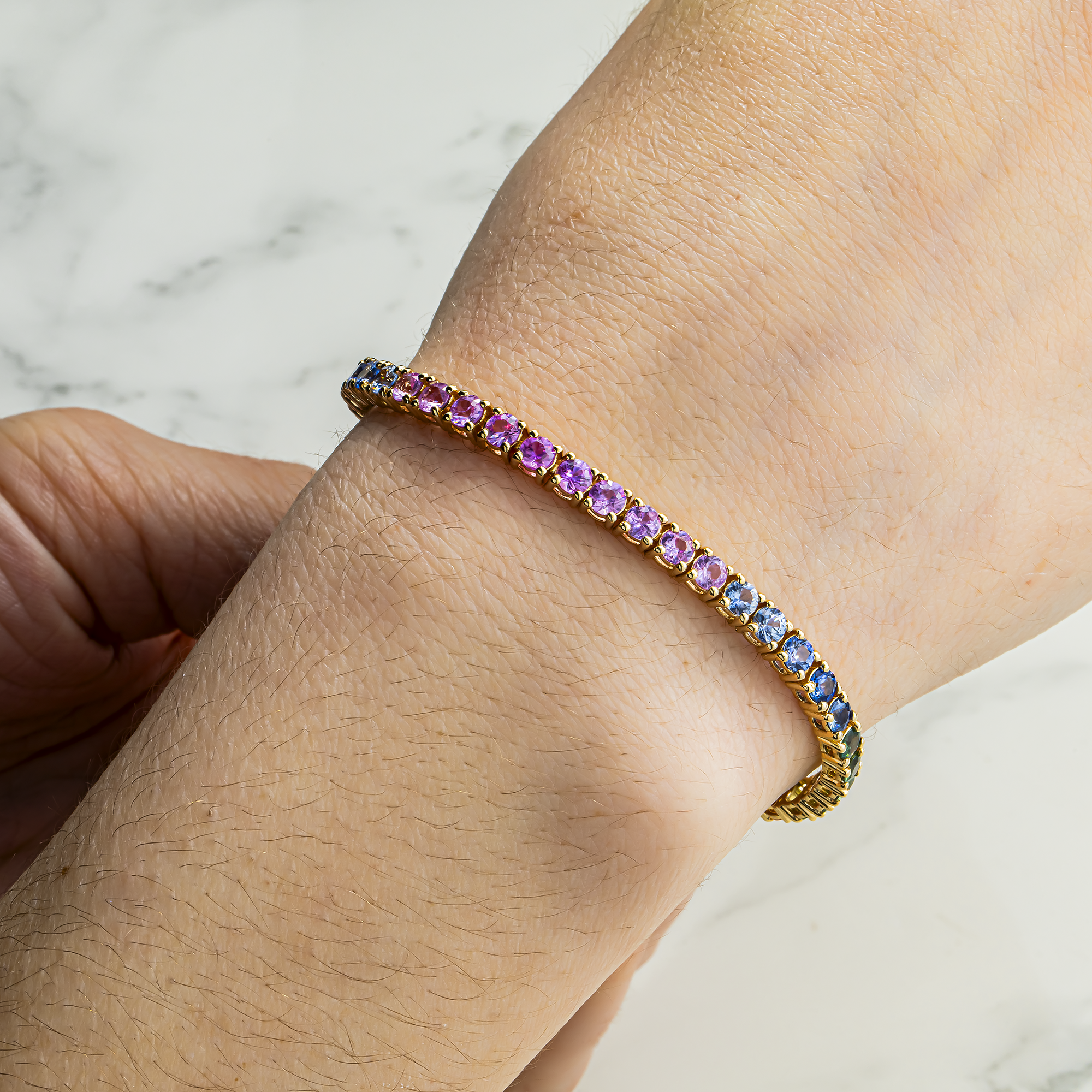 14K Yellow Gold Round Rainbow Gemstone Bracelet 9.24ct