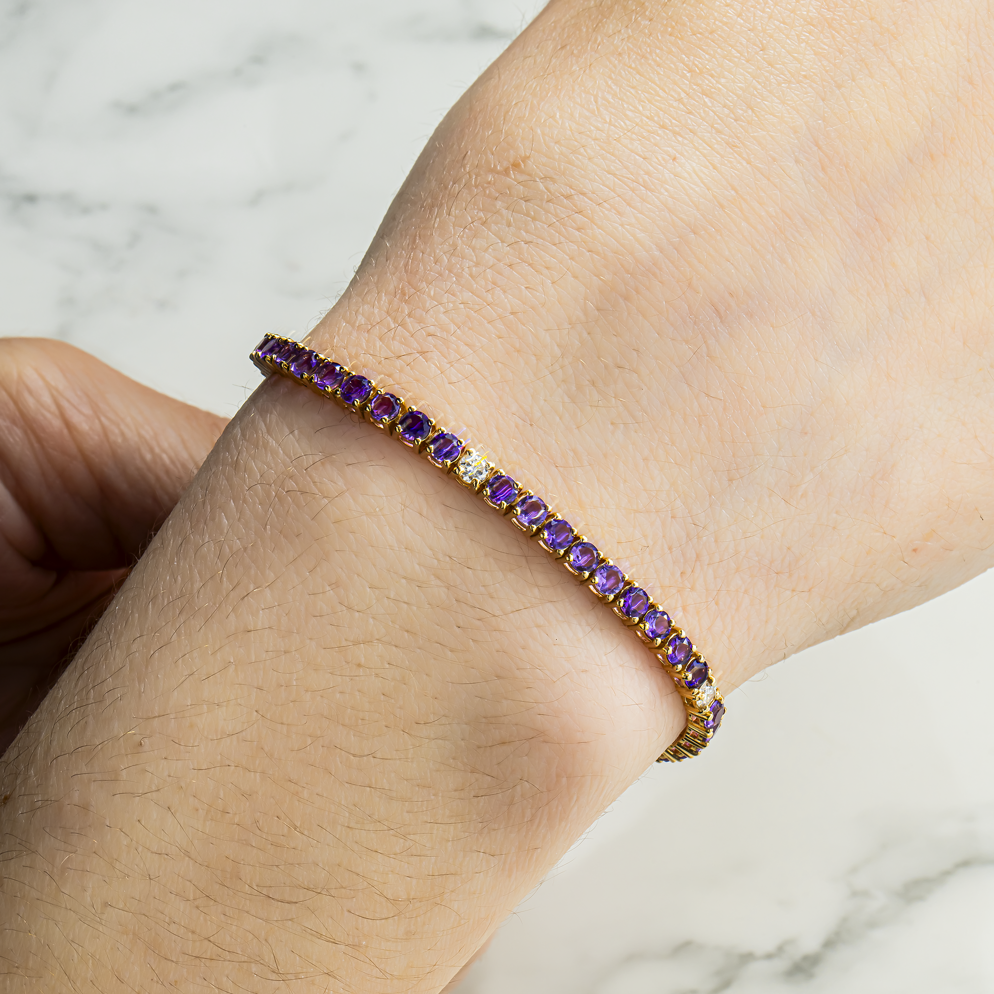 14K Yellow Gold Amethyst & Diamond Tennis Bracelet 5.32ctw