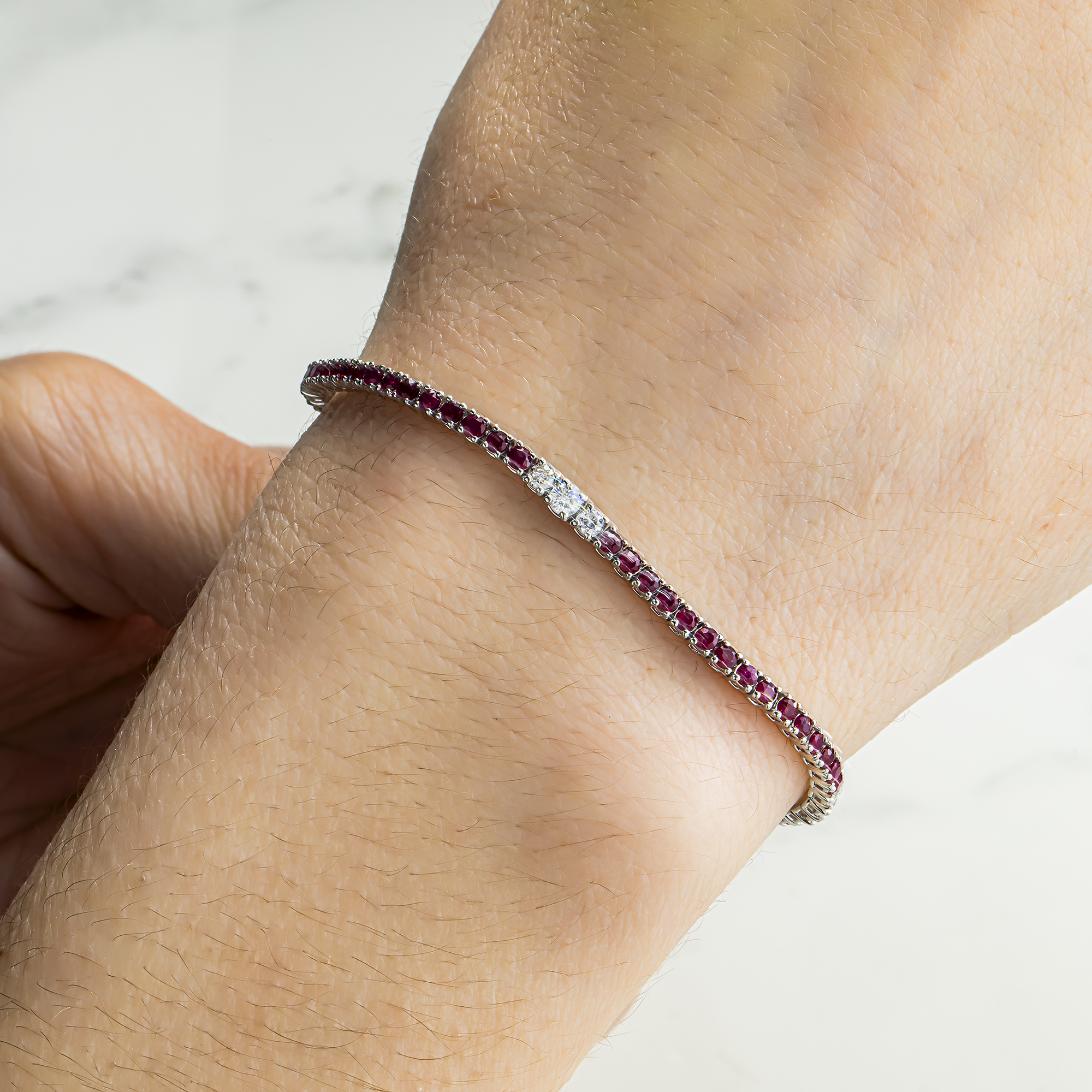 14K White Gold Round Ruby & Diamond Tennis Bracelet 3.06ctw