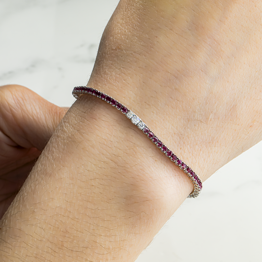 14K White Gold Round Ruby & Diamond Tennis Bracelet