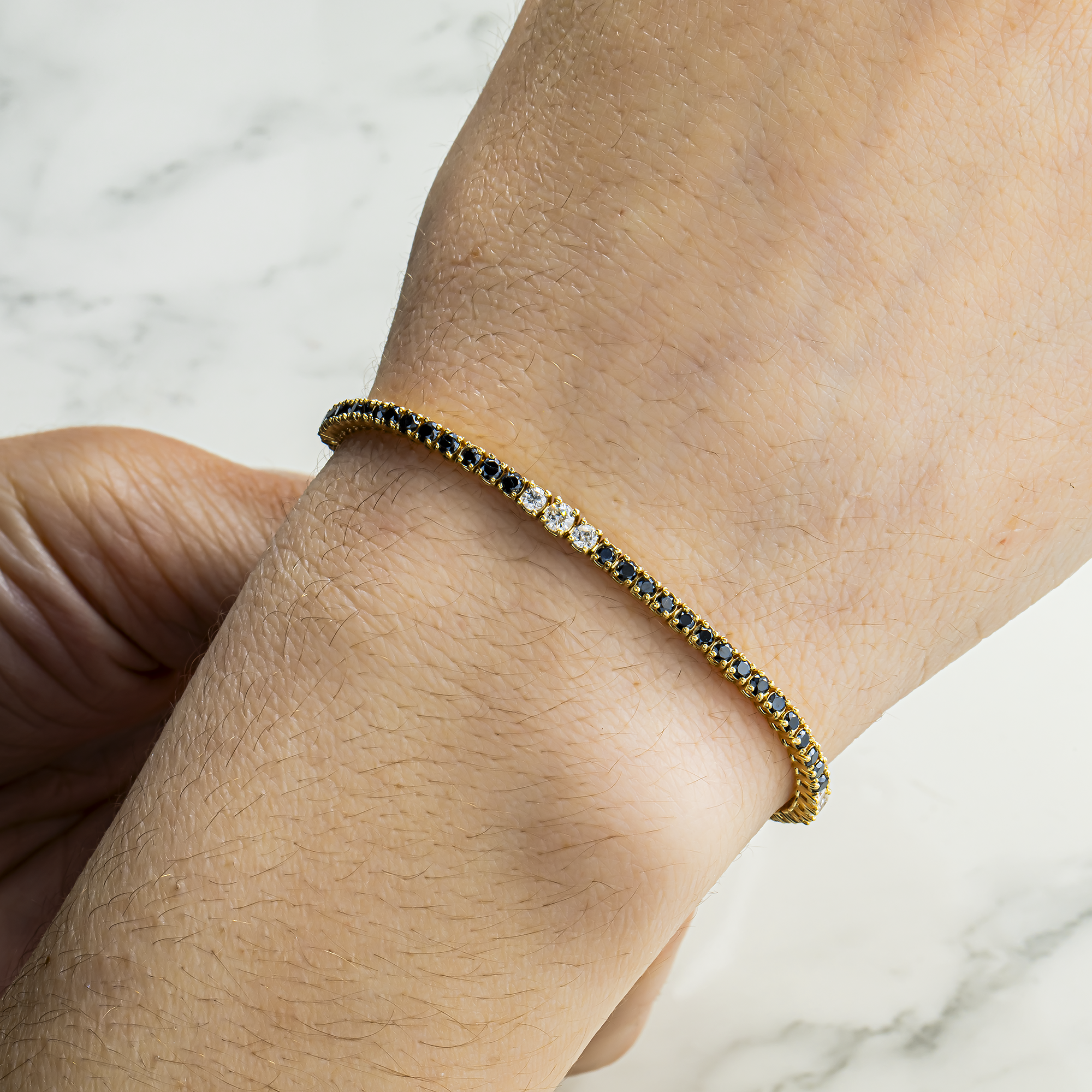 14K Yellow Gold Round Black & White Diamond Tennis Bracelet 2.90ct