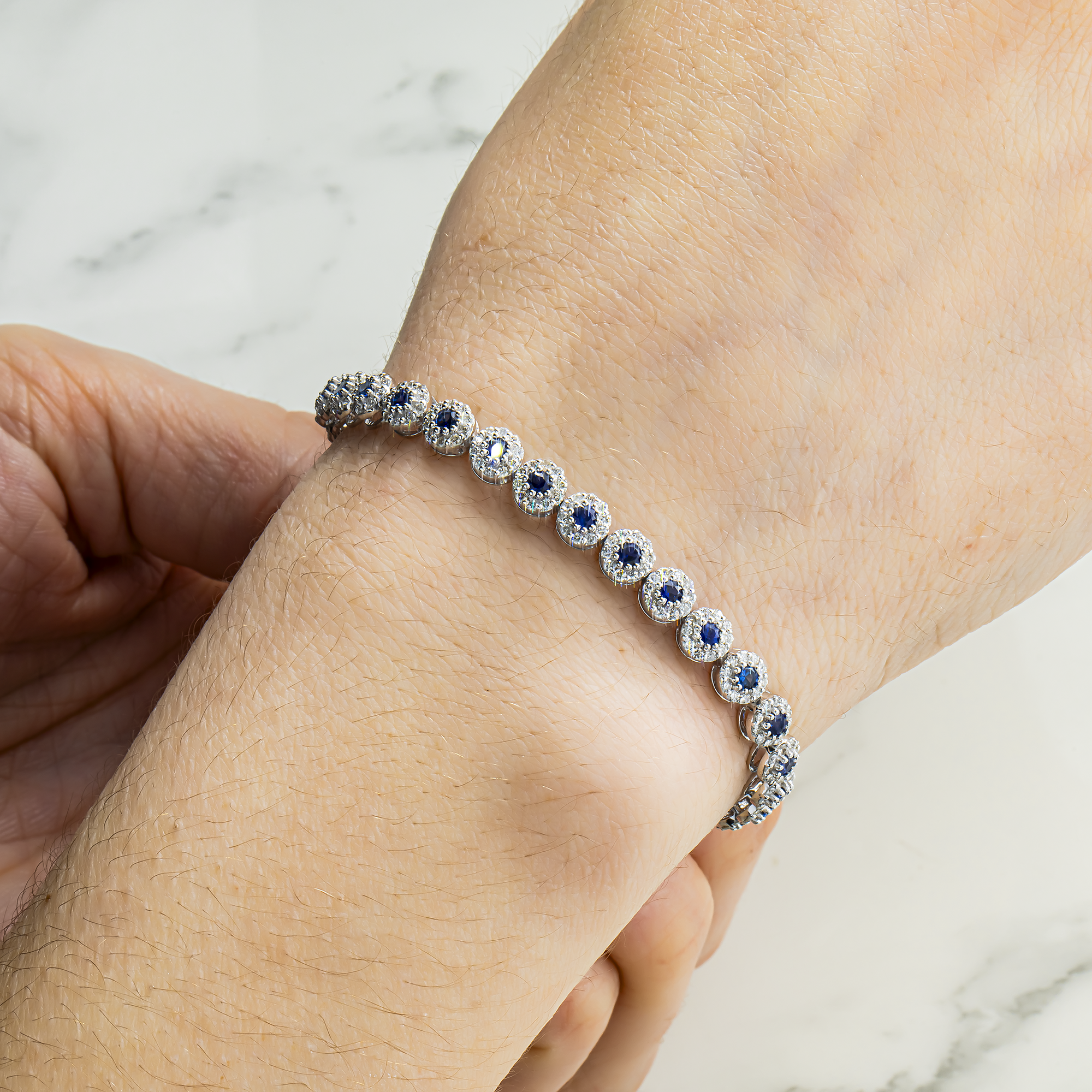 14K White Gold Round Sapphire & Diamond Bracelet 4.62ctw
