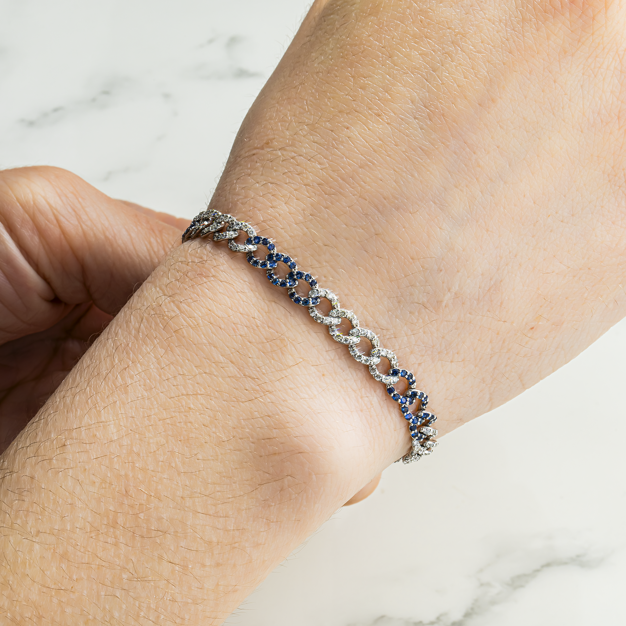 14K White Gold 6mm Diamond & Sapphire Cuban Link Bracelet