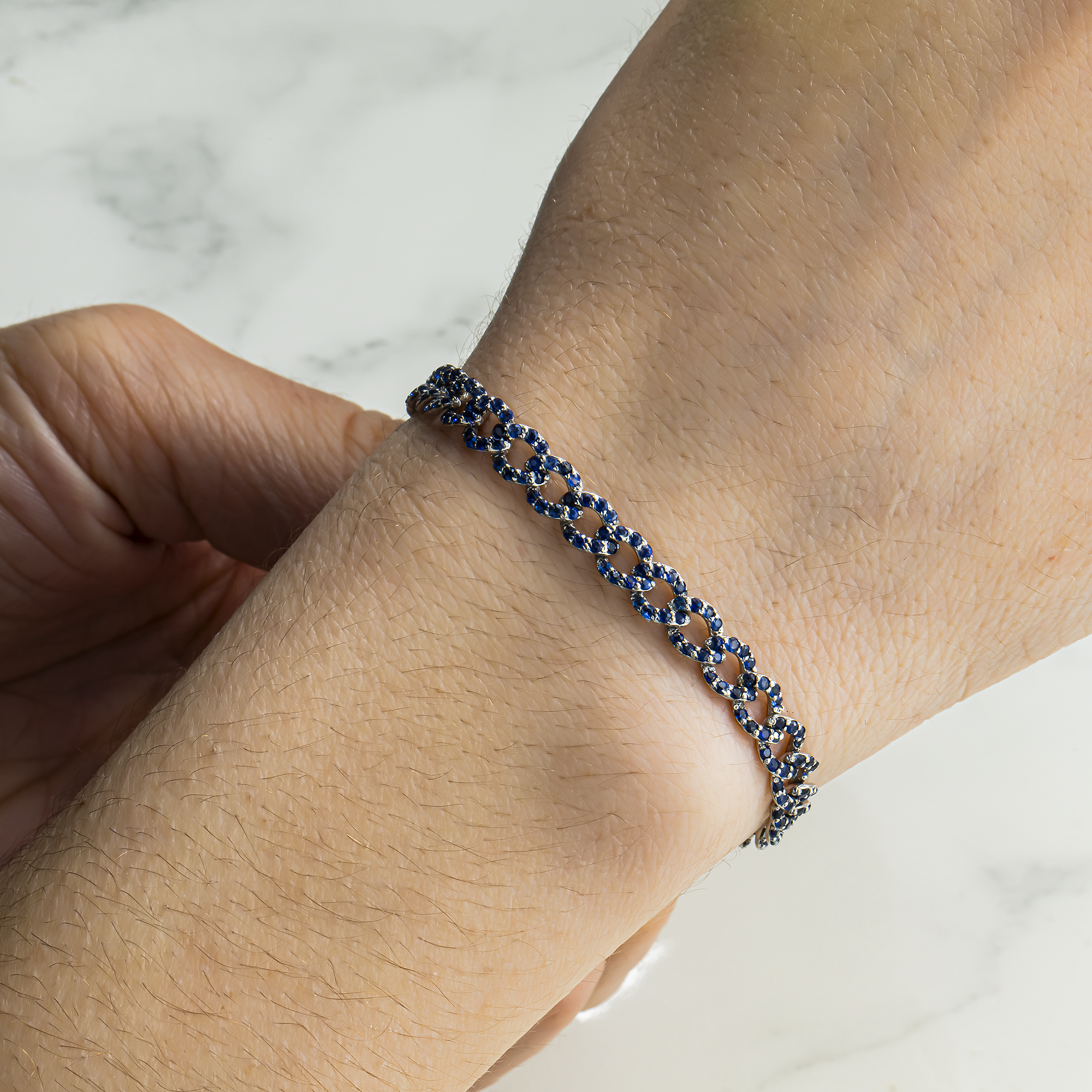 14K White Gold 6mm Sapphire Cuban Link Bracelet