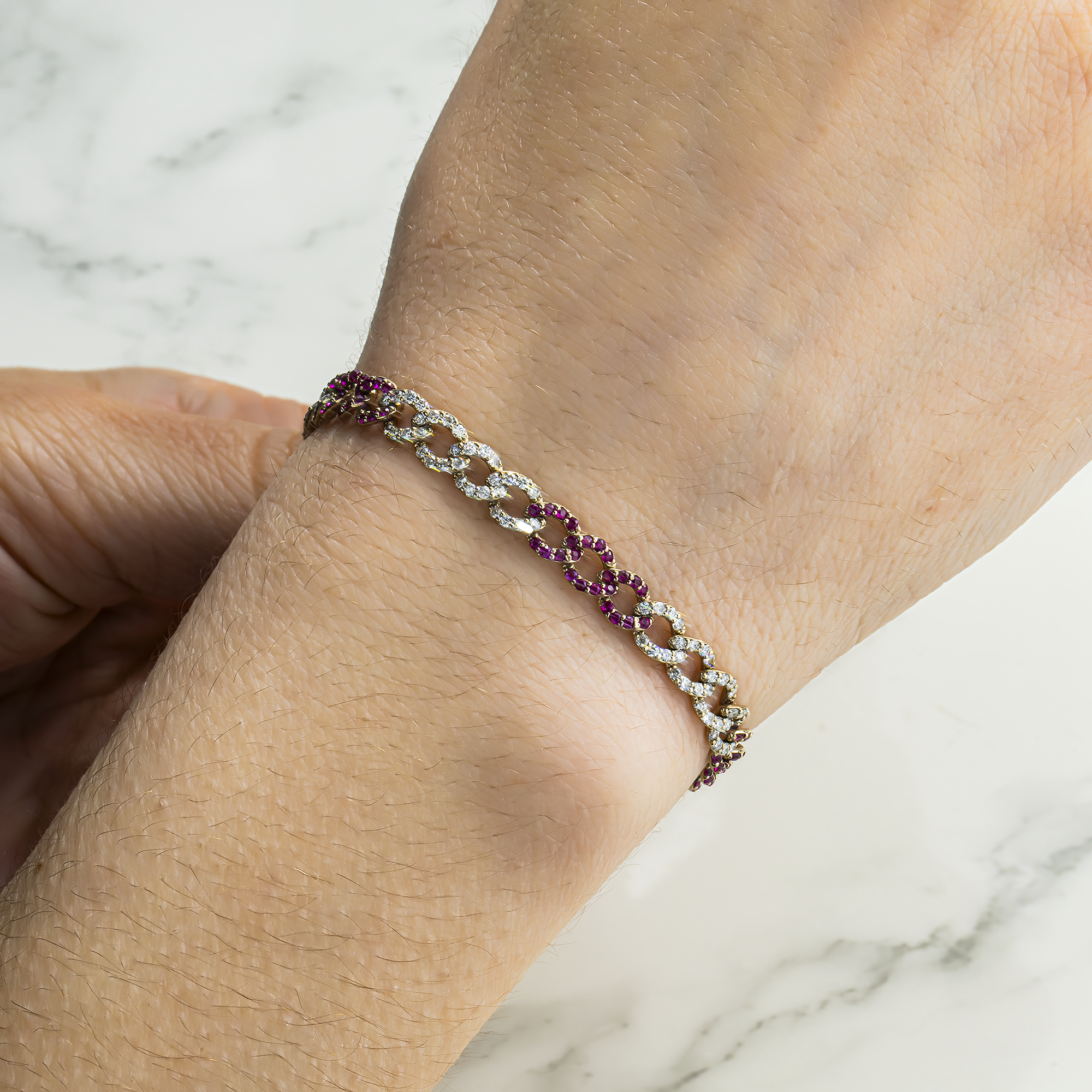 14K White Gold 6mm Diamond & Ruby Cuban Link Bracelet