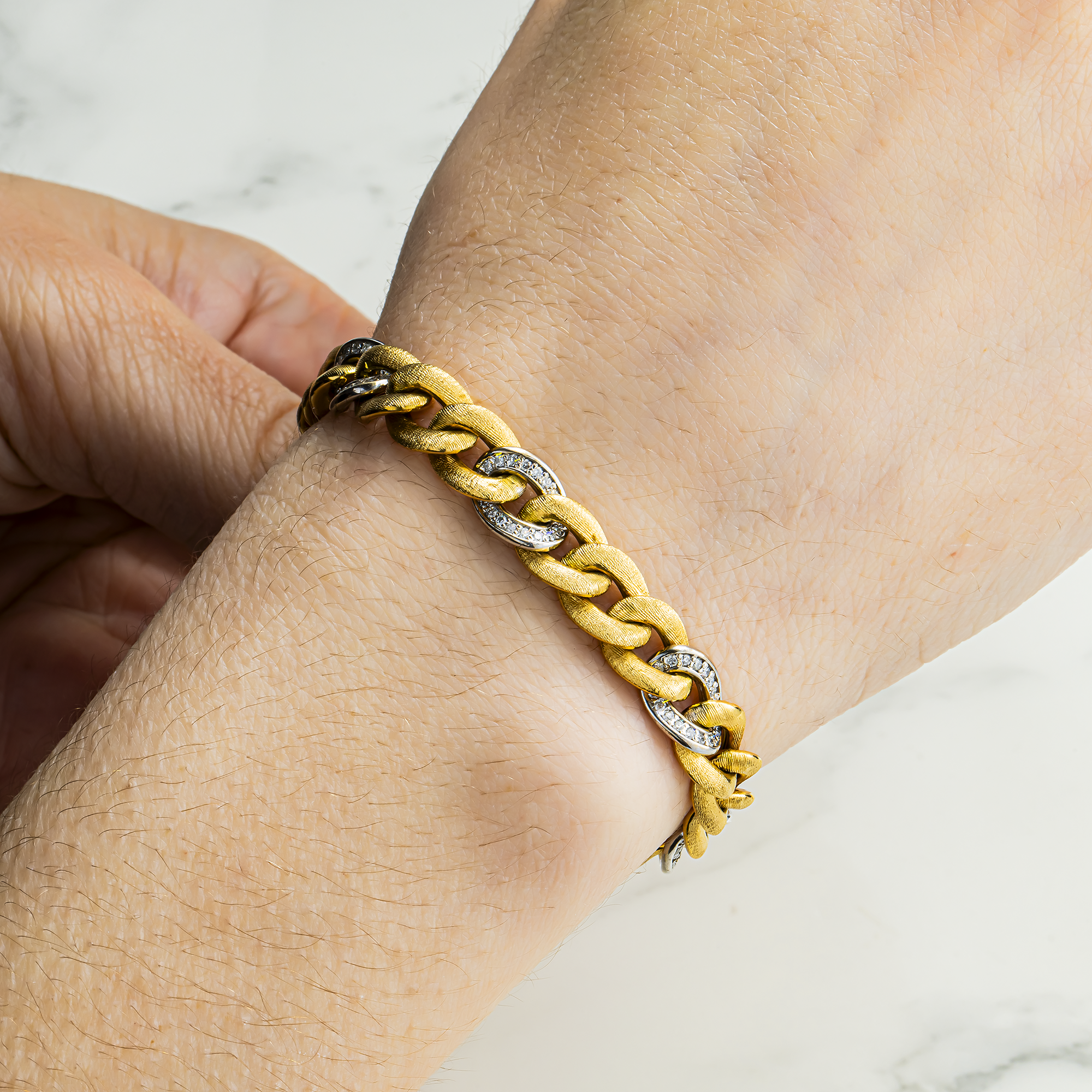 14K Two Tone Matte Gold 8.5mm Diamond Cuban Link Bracelet 0.66ct