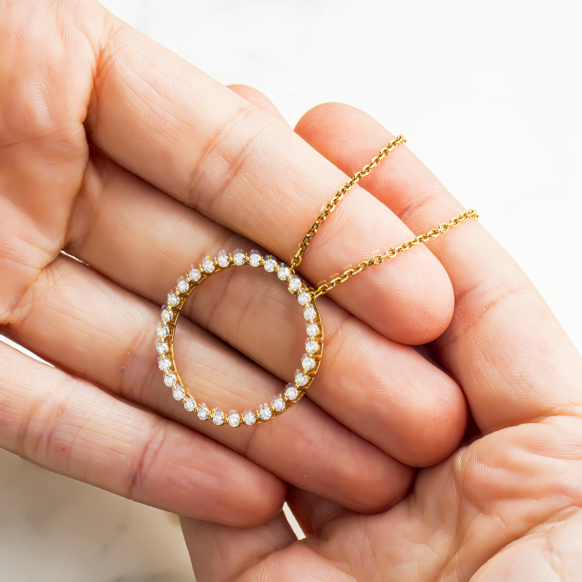 14K Yellow Gold Round Diamond Karma Circle Drop Necklace 1.0ct