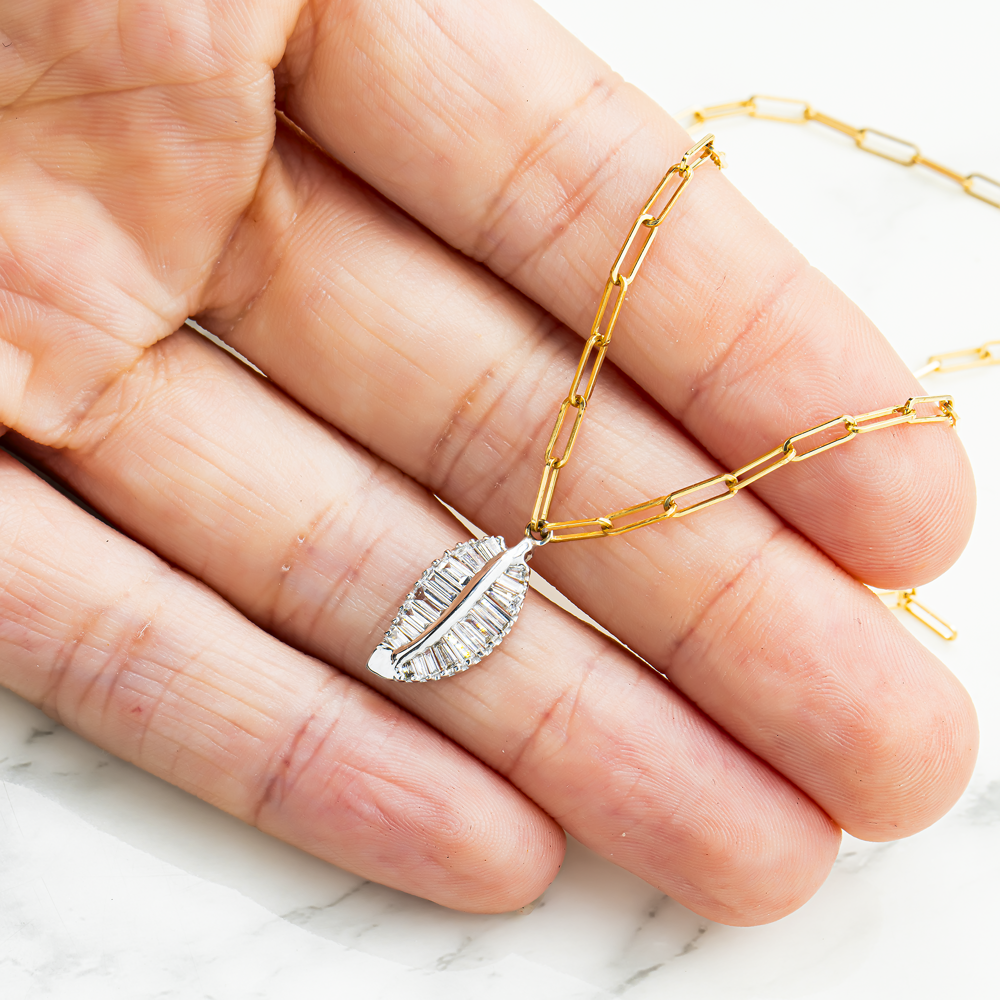 14K Two Tone Baguette Cut Diamond Leaf Pendant & Chain Necklace 0.90ct