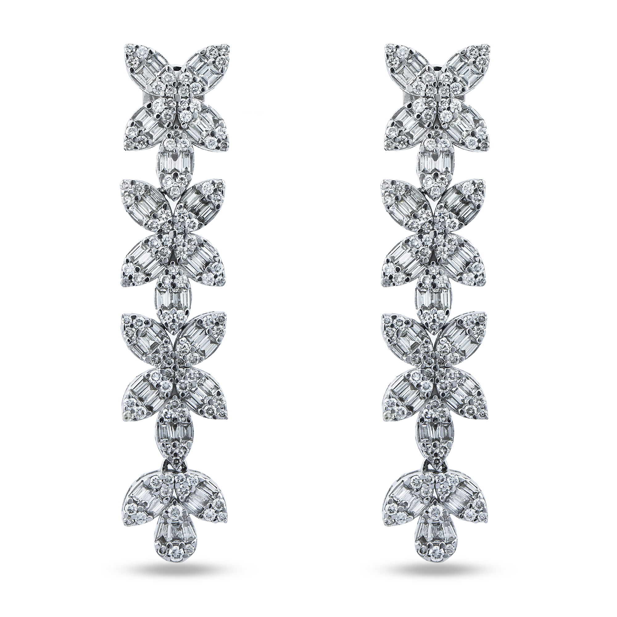 14K White Gold Baguette & Round Diamond Flower Drop Earrings 4.94ctw