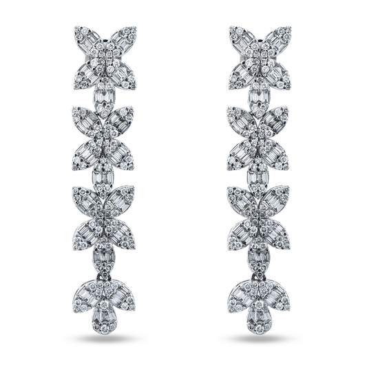 14K White Gold Baguette & Round Diamond Flower Drop Earrings 4.94ctw