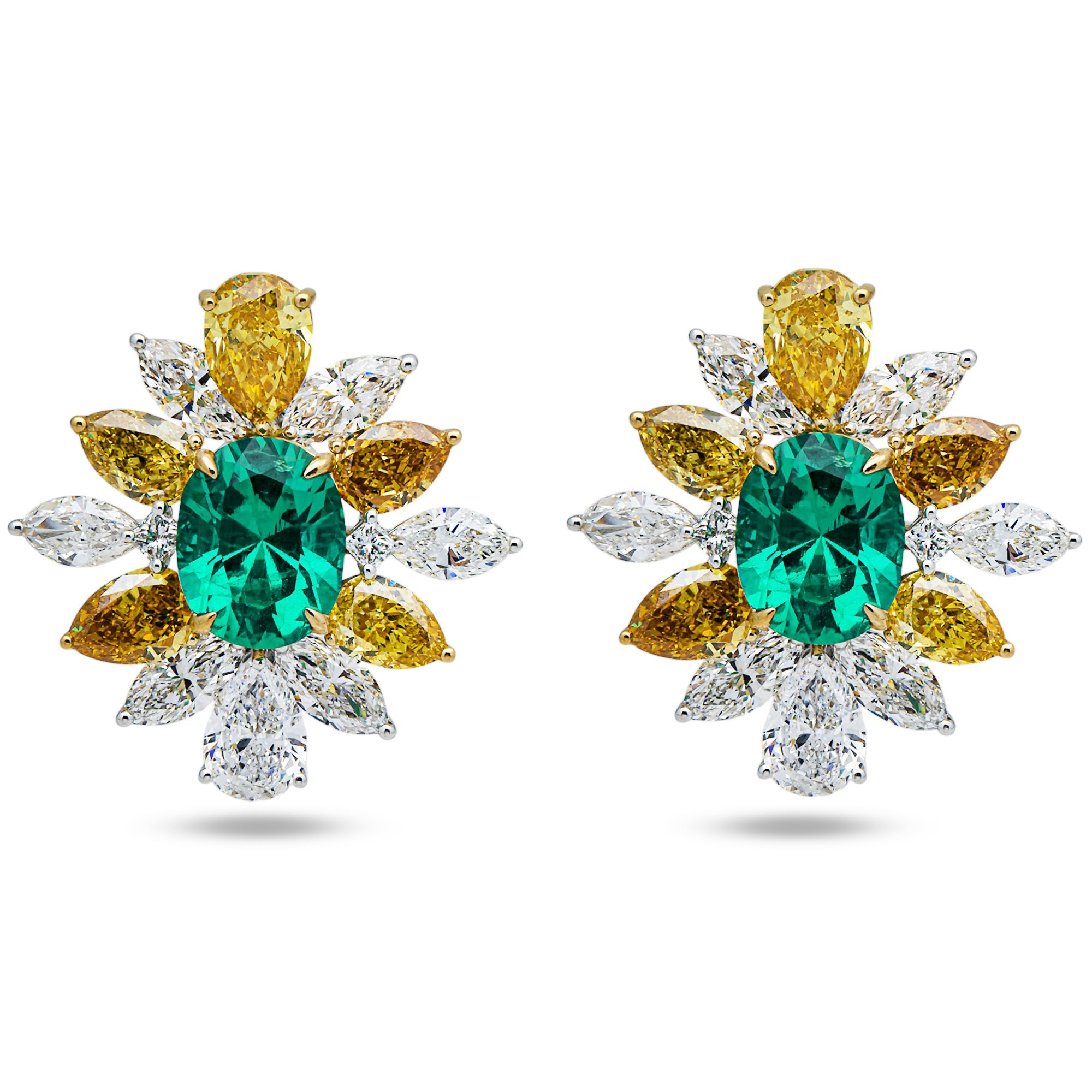 18K Two Tone Fancy Yellow Diamond & Emerald Cluster Stud Earrings 16.16ctw