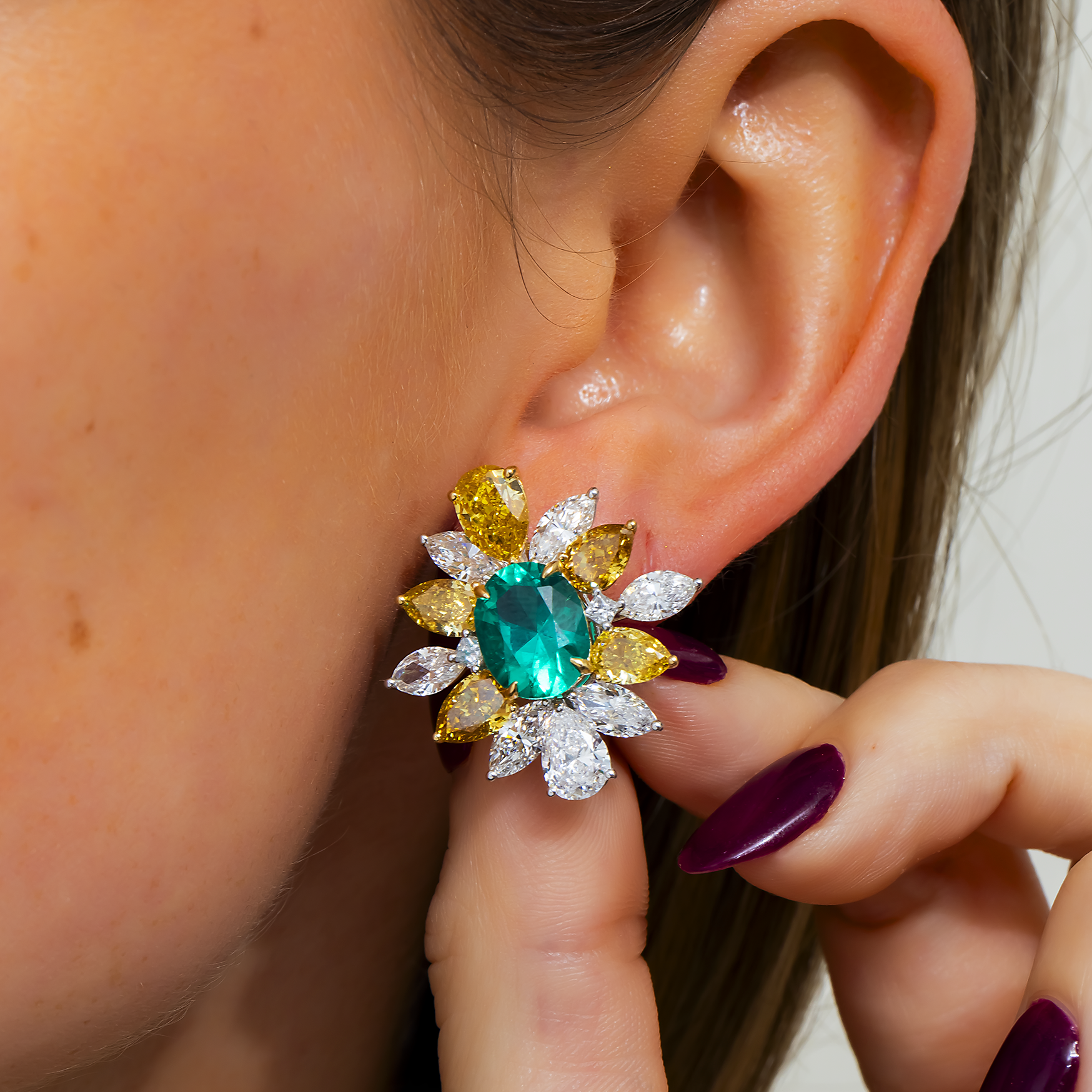 18K Two Tone Fancy Yellow Diamond & Emerald Cluster Stud Earrings 16.16ctw