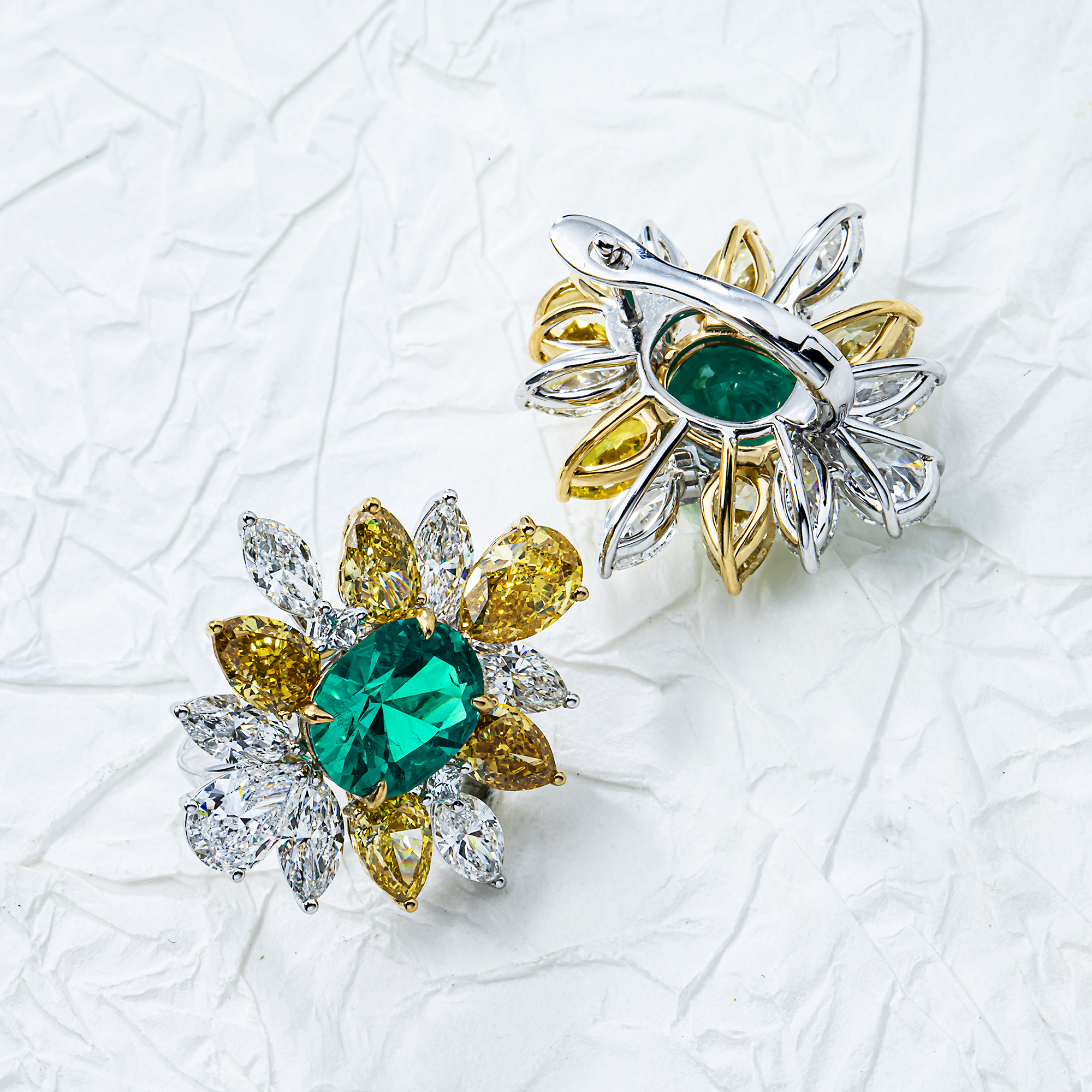 18K Two Tone Fancy Yellow Diamond & Emerald Cluster Stud Earrings 16.16ctw