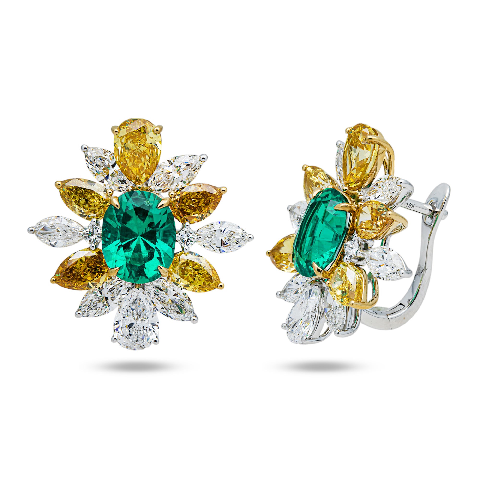 18K Two Tone Fancy Yellow Diamond & Emerald Cluster Stud Earrings 16.16ctw