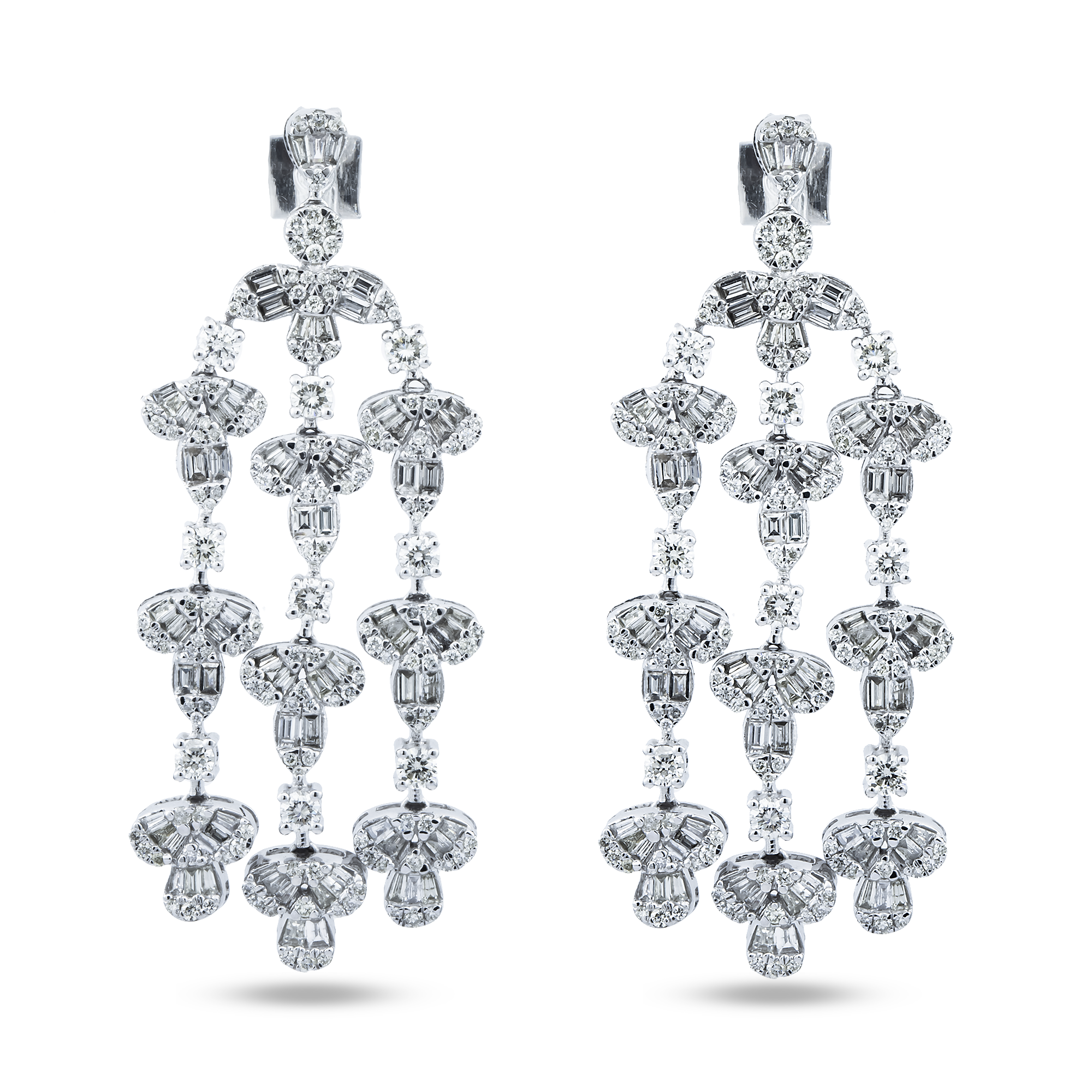 14K White Gold Triple Tier Baguette & Round Diamond Drop Earrings 3.88ctw