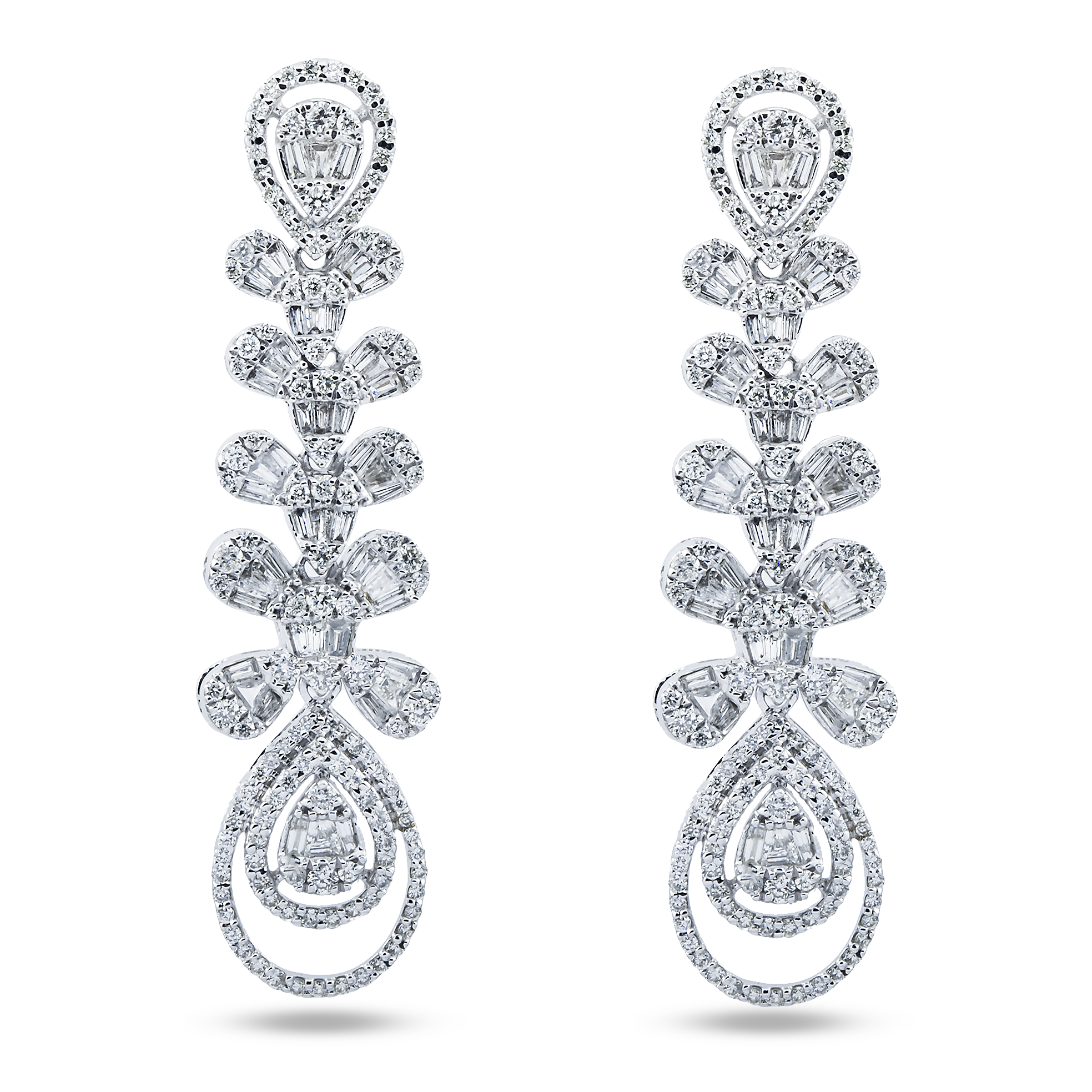 14K White Gold Peacock Feather Diamond Drop Earrings 2.92ctw