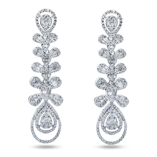 14K White Gold Peacock Feather Diamond Drop Earrings 2.92ctw