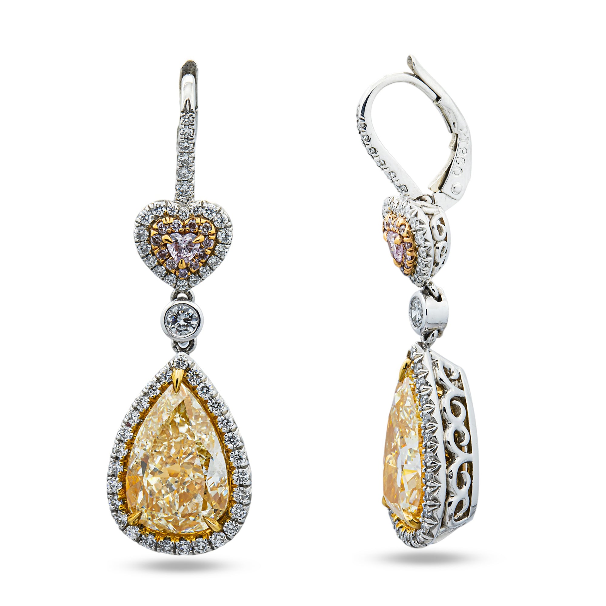 Platinum & 18K Gold Multi Shape Fancy Pink & Yellow Diamond Drop Earrings 11.66ctw