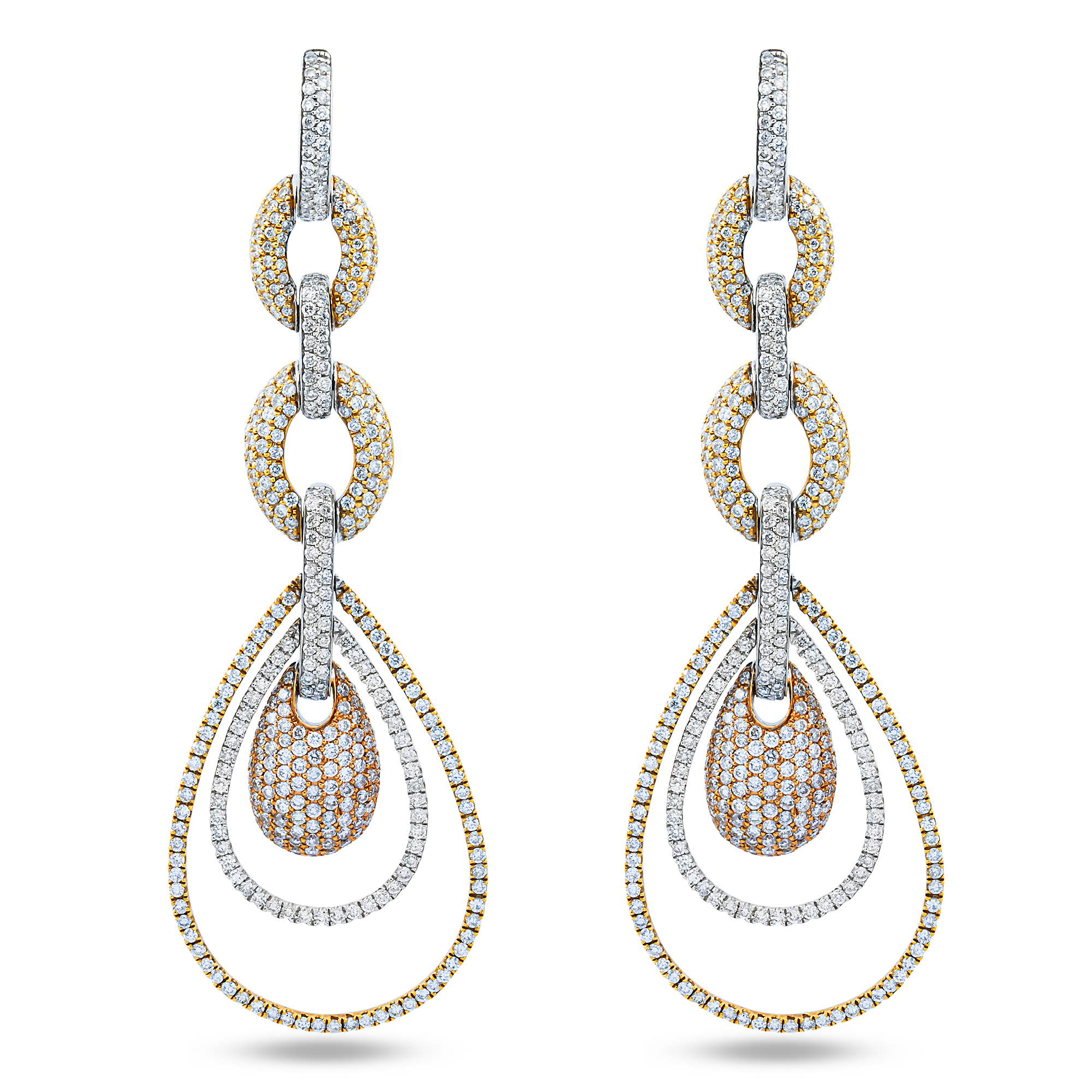18K Tri Color Chain Link Round Diamond Drop Earrings 4.57ctw