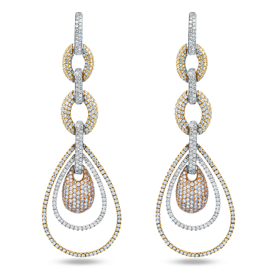 18K Tri Color Chain Link Round Diamond Drop Earrings 4.57ctw