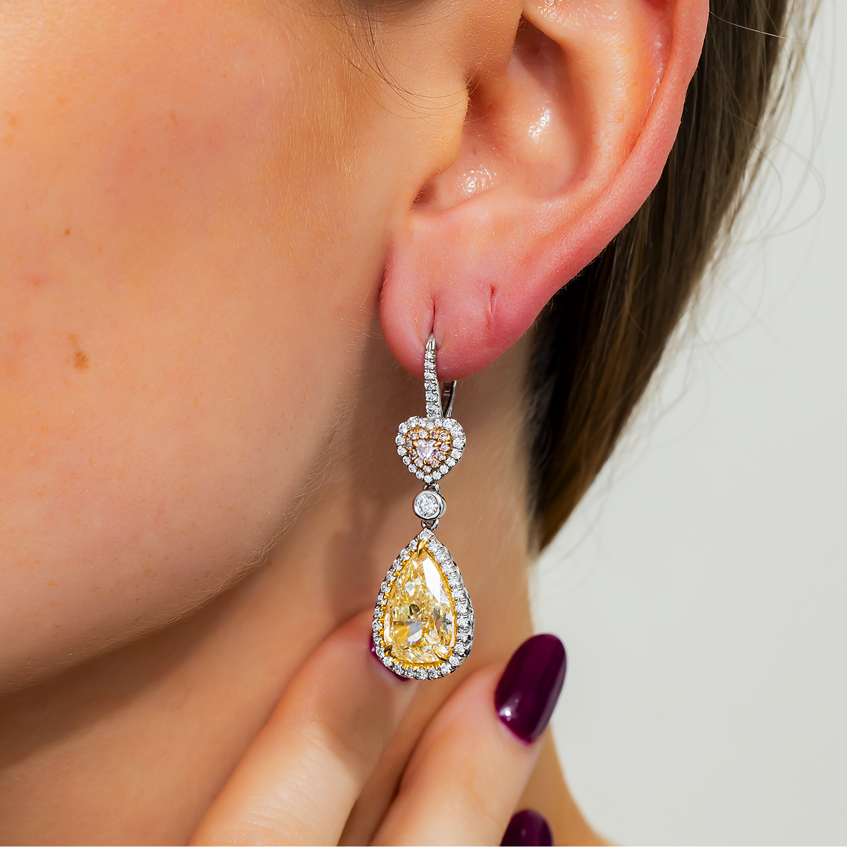 Platinum & 18K Gold Multi Shape Fancy Pink & Yellow Diamond Drop Earrings 11.66ctw