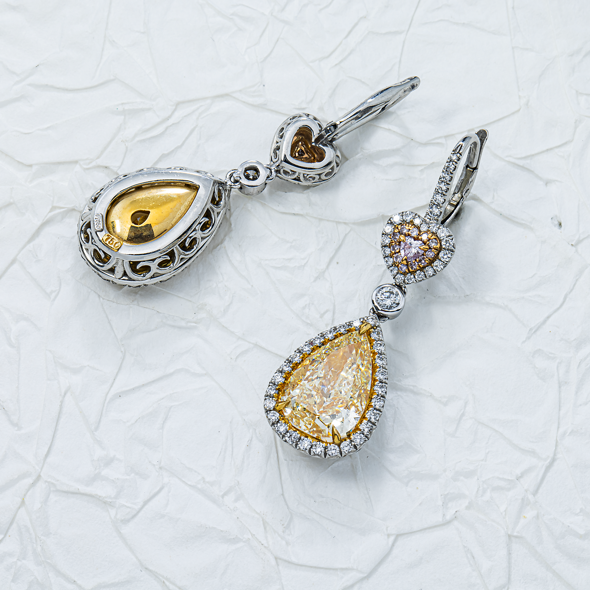 Platinum & 18K Gold Multi Shape Fancy Pink & Yellow Diamond Drop Earrings 11.66ctw