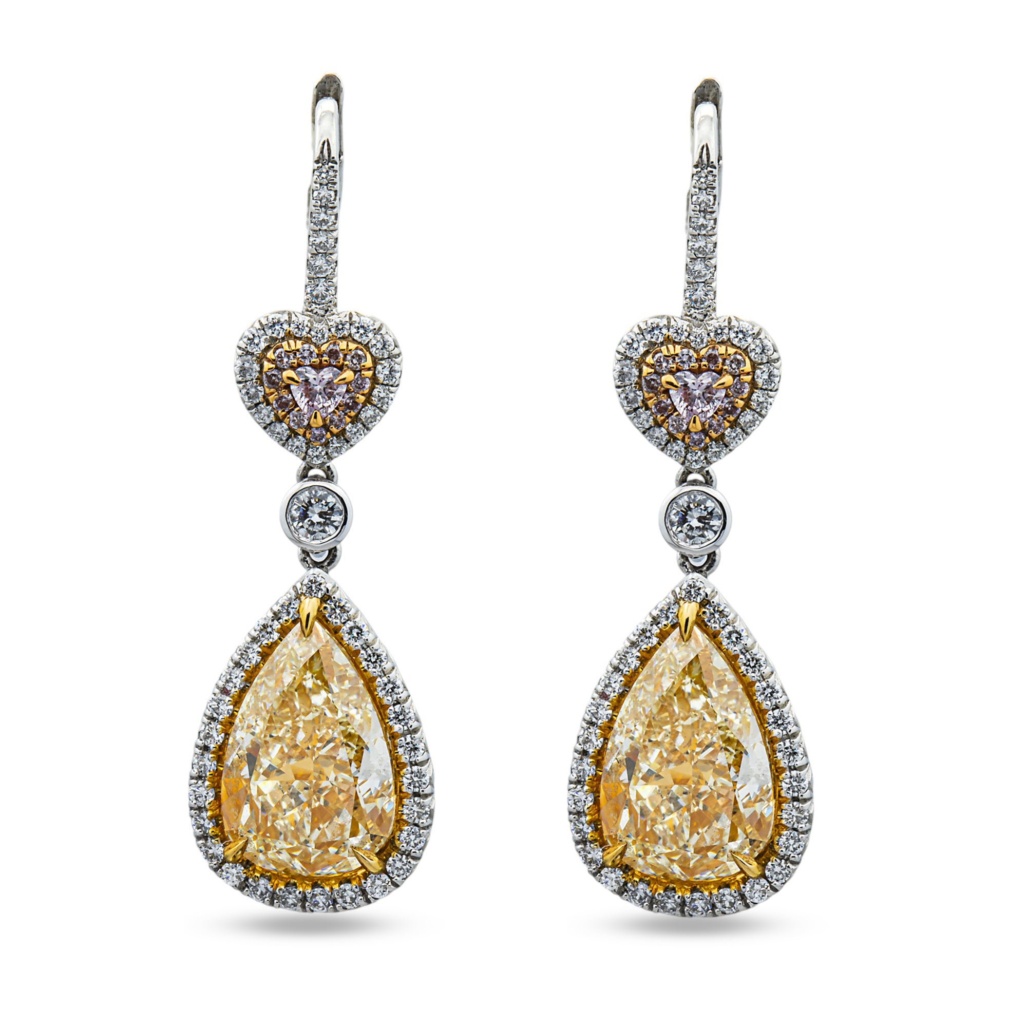 Platinum & 18K Gold Multi Shape Fancy Pink & Yellow Diamond Drop Earrings 11.66ctw