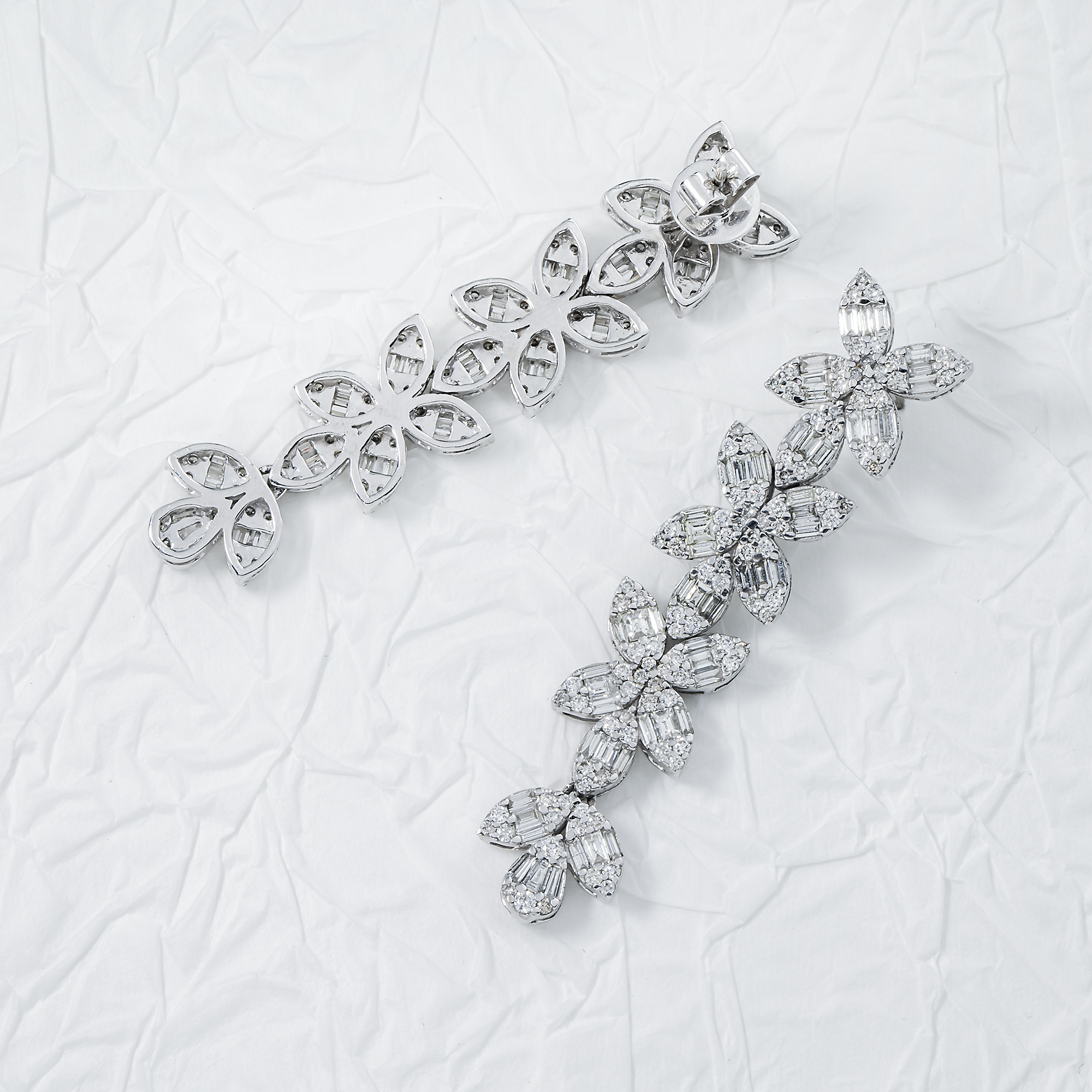 14K White Gold Baguette & Round Diamond Flower Drop Earrings 4.94ctw