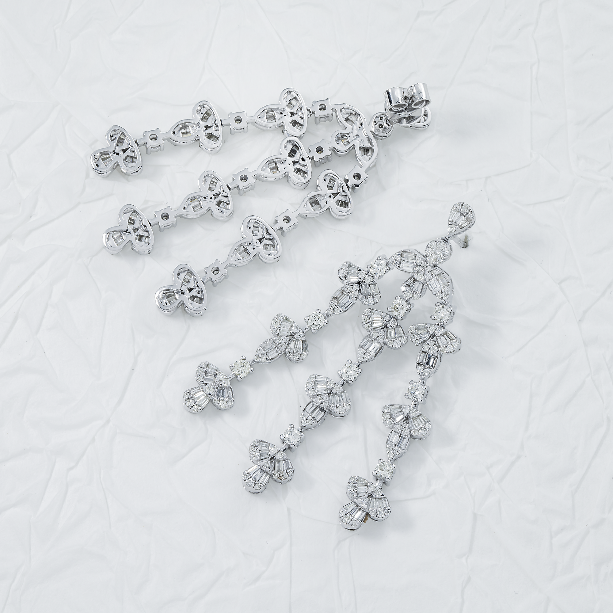 14K White Gold Triple Tier Baguette & Round Diamond Drop Earrings 3.88ctw