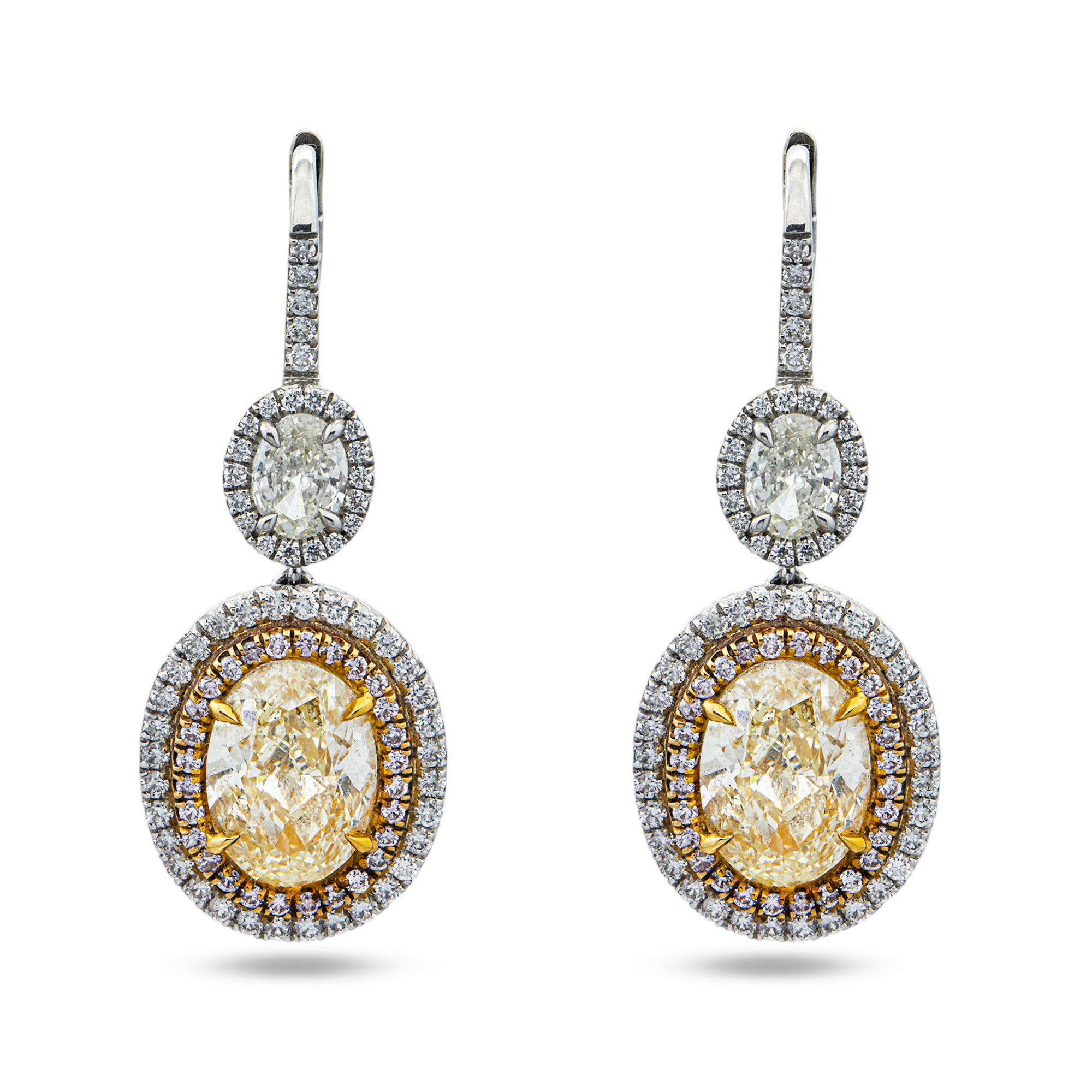 Platinum & 18K Gold Oval Fancy Yellow & White Diamond Drop Earrings 8.23ctw